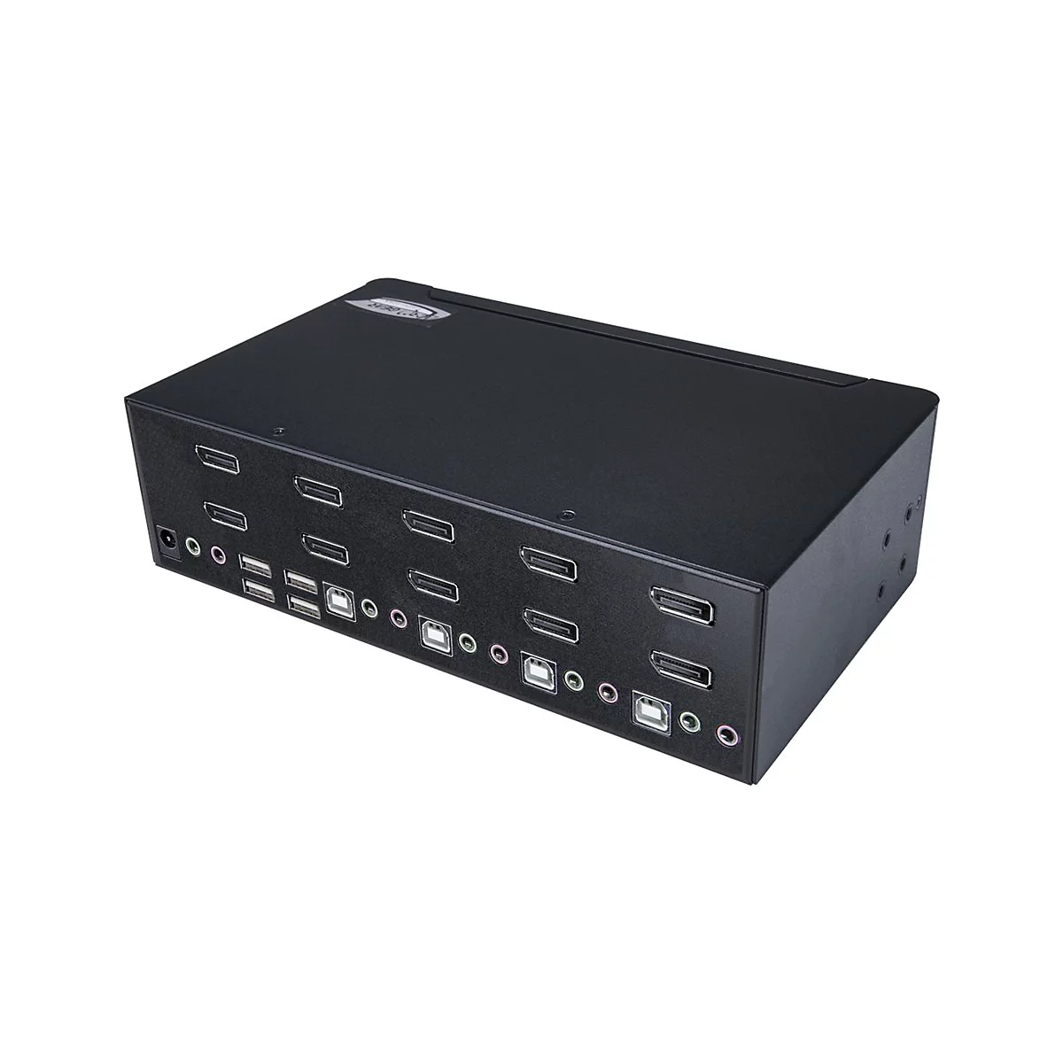 Schwarzer HDMI-Switch mit mehreren Ports, umgeben von weiÃŸen Hintergrund.