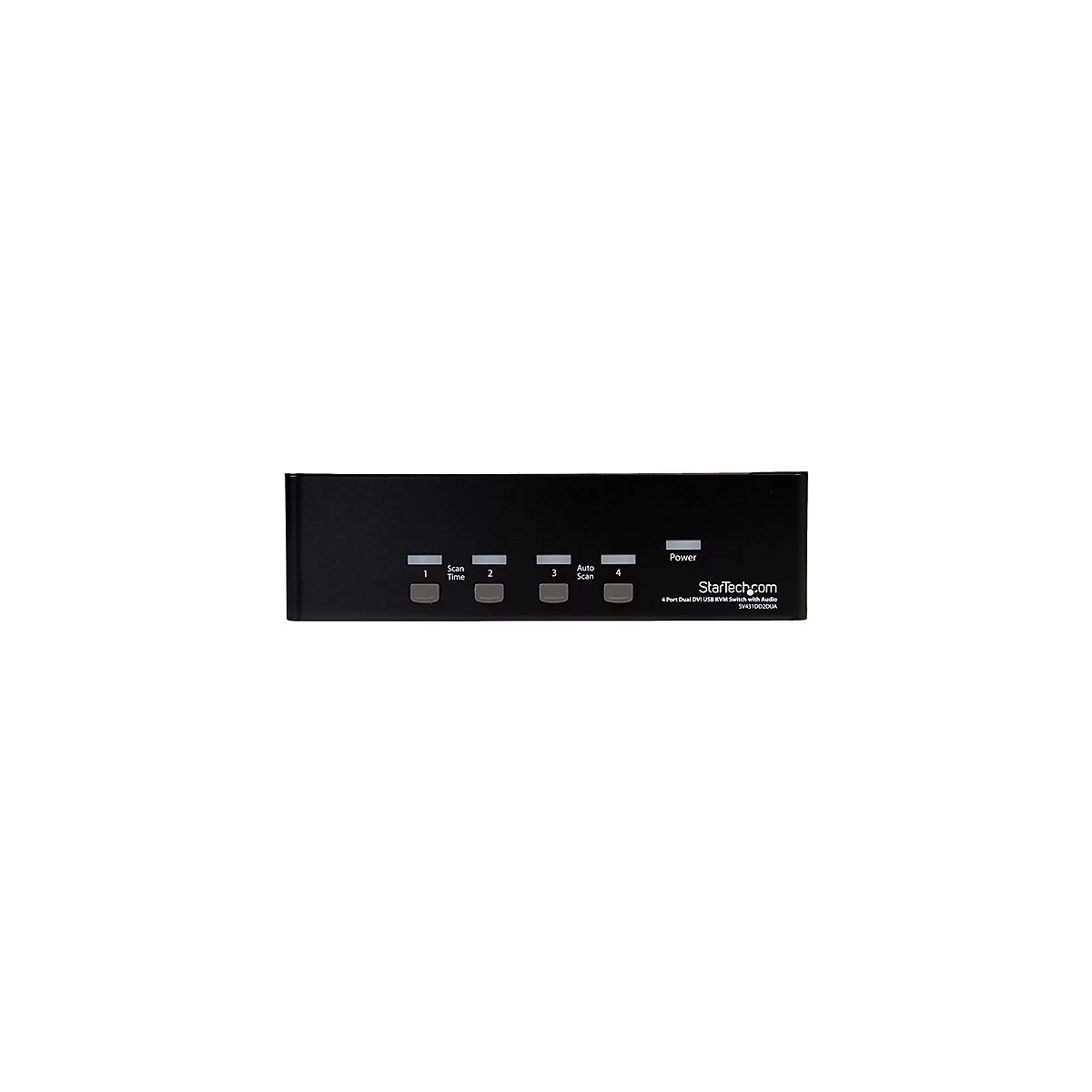 Schwarzer DVI USB Switch mit KnÃ¶pfen fÃ¼r Scan, Auto-Scan und Strom. Aufdruck: StarTech.com.