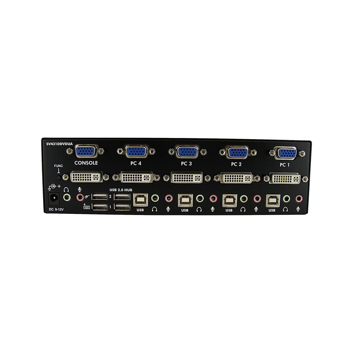 Schwarzer KVM-Switch mit VGA-, DVI-, USB- und AudioanschlÃ¼ssen. Beschriftet mit Konsolen- und PC-Ports.