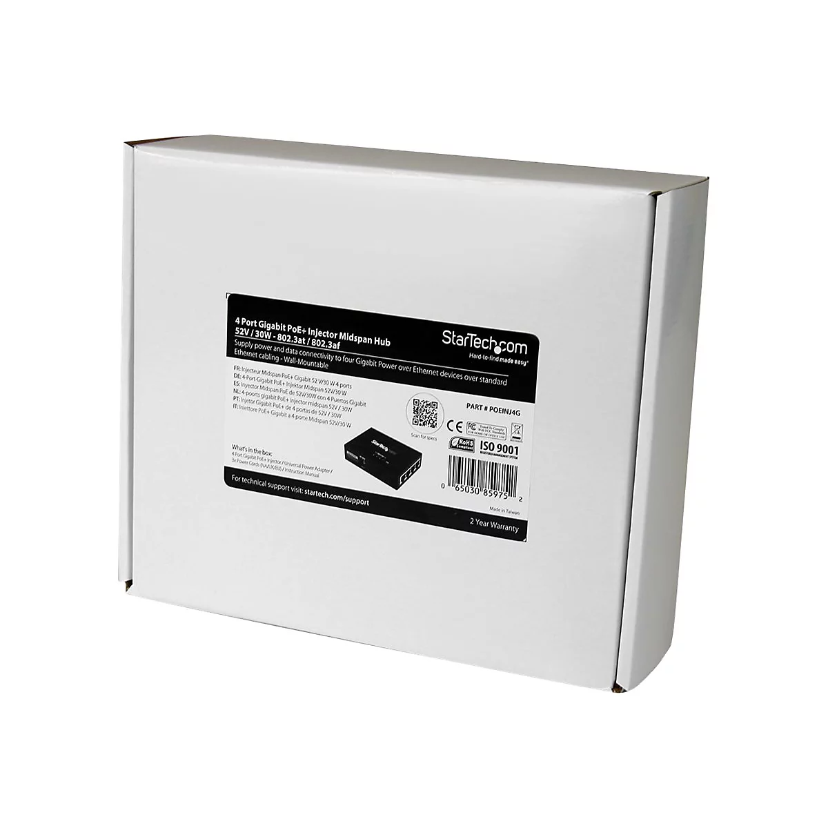 WeiÃŸe Box mit Aufdrucken, darunter ein schwarzes Produkt und der Schriftzug 'StarTech.com'.