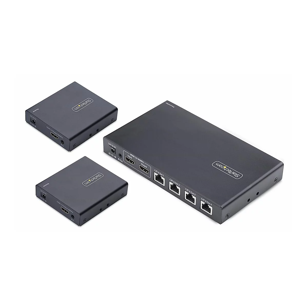 Trois extentions HDMI noirs : deux récepteurs carrés et un émetteur allongé. Tous les appareils portent le logo StarTech.com.