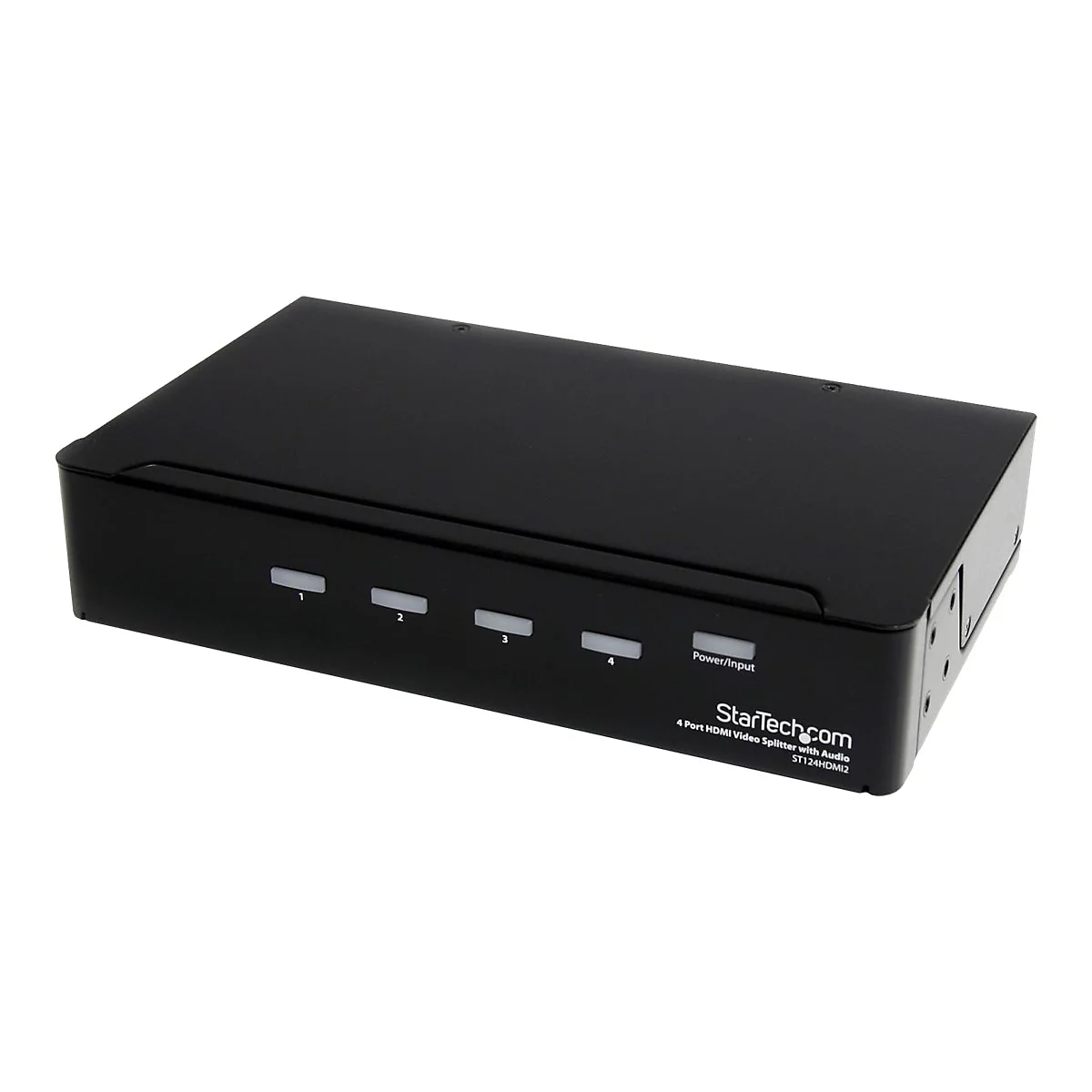 Schwarzer HDMI-Video-Splitter mit der Beschriftung 'StarTech.com 4 Port HDMI Video Splitter with Audio ST124HDMI2' und Tasten 1-4.