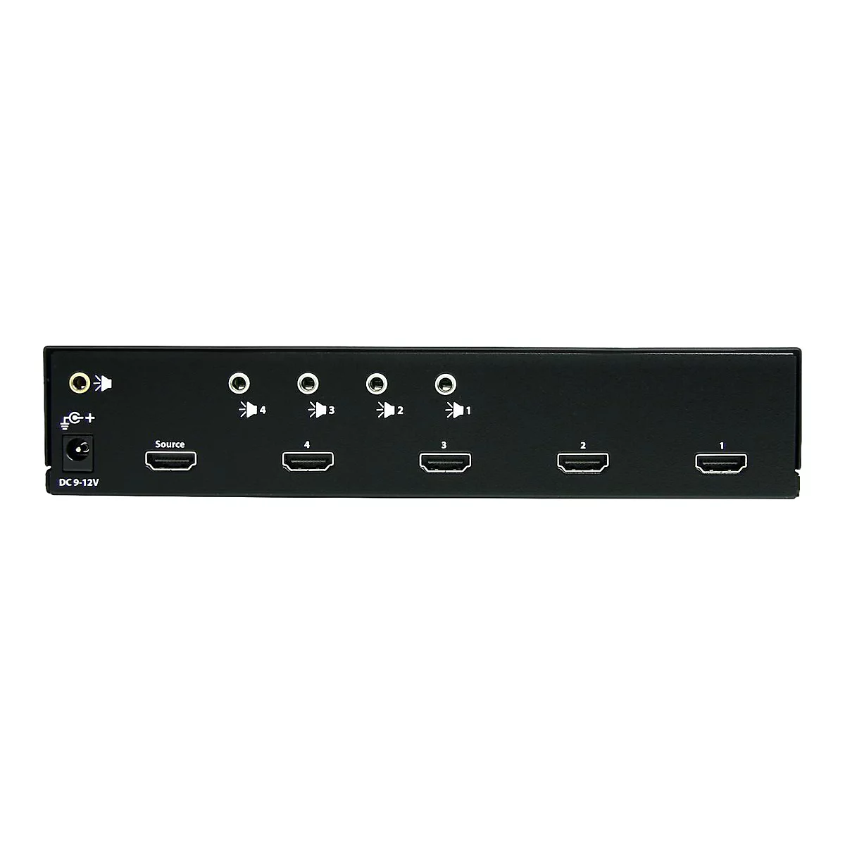Schwarzer HDMI-Switch mit mehreren Anschlüssen, Beschriftungen und Kontrollleuchten. Auf weißem Hintergrund.