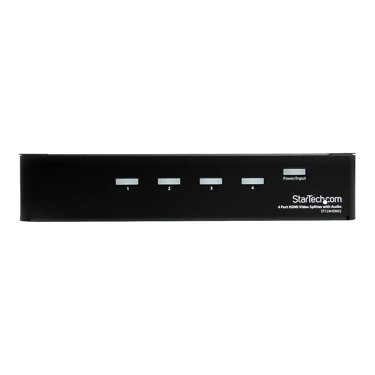 Schwarzer HDMI-Splitter mit weißen Knöpfen und Aufschrift. Oben ist „Power/Input“, unten „StarTech.com“ und Produktbezeichnung.