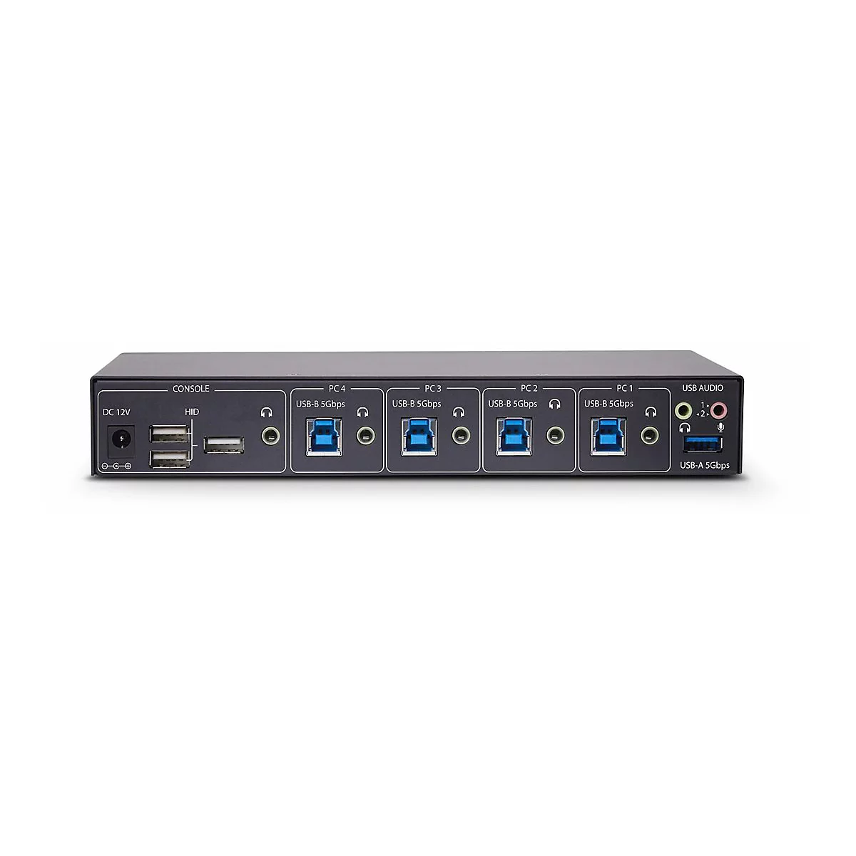 Commutateur KVM noir avec plusieurs ports USB et audio. Ã‰tiquettes PC1-4 et Console.