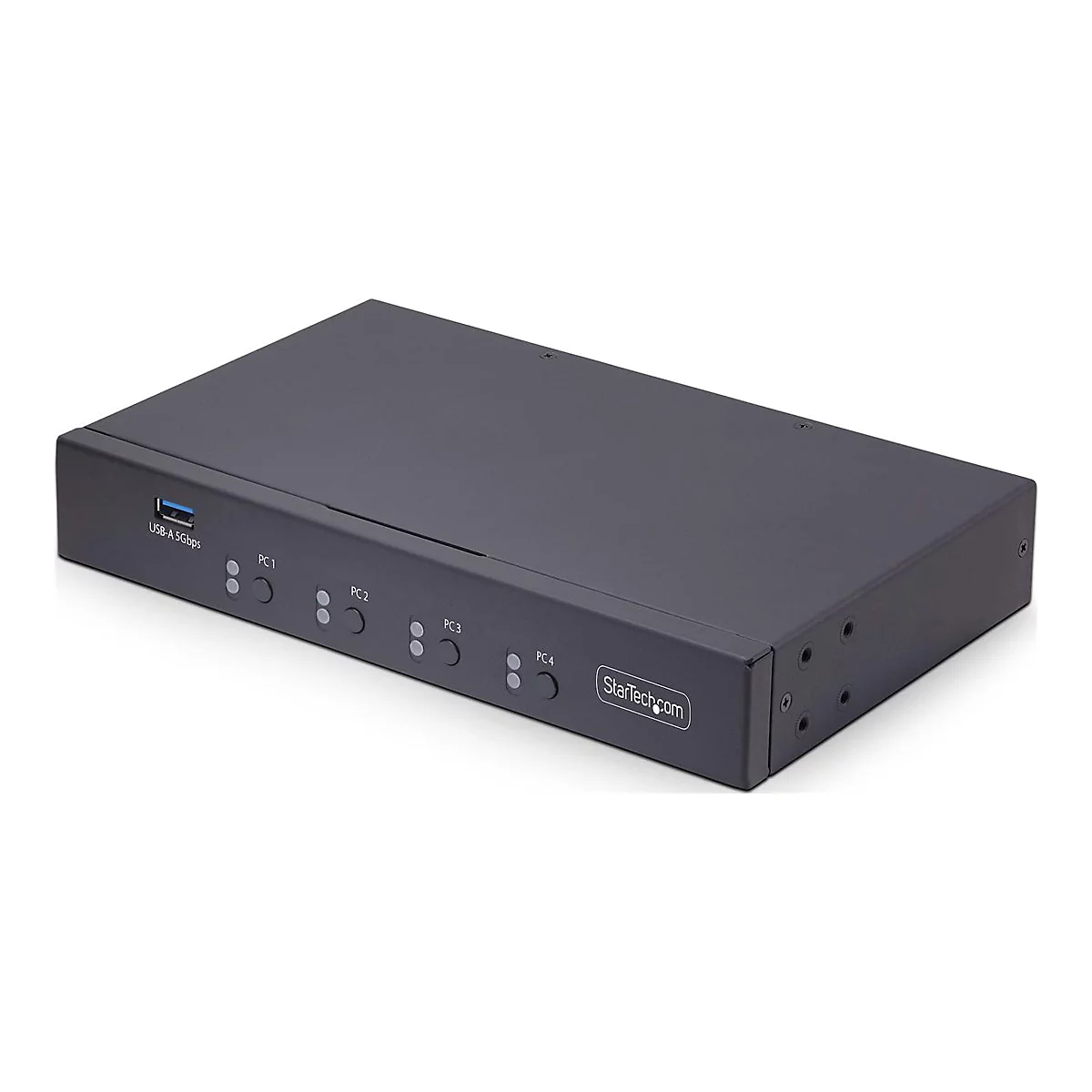 Commutateur rectangulaire noir avec port USB, boutons et logo StarTech.com.