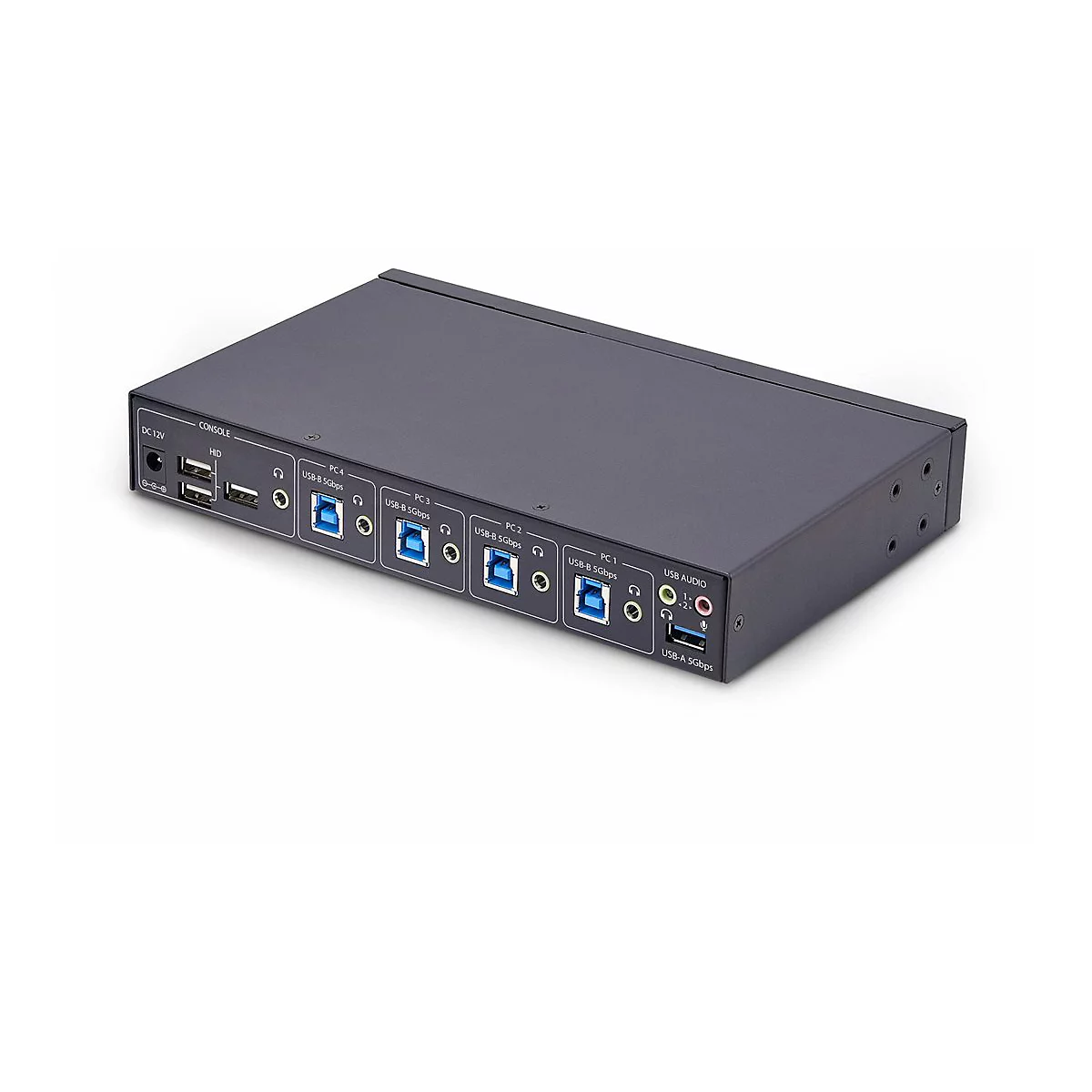 Commutateur USB noir avec plusieurs ports. Ports pour USB, audio, PC et alimentation.