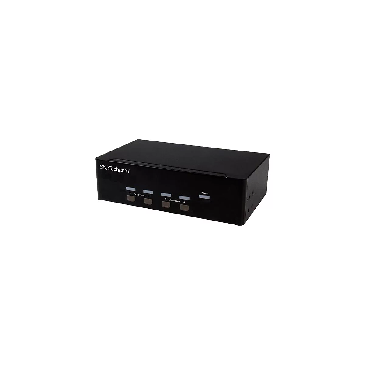 Schwarzer KVM-Switch mit StarTech.com-Logo und Tasten für Funktionen. Beschriftungen: 1 Scan Time, 2, 3 Auto Scan, 4, Power.