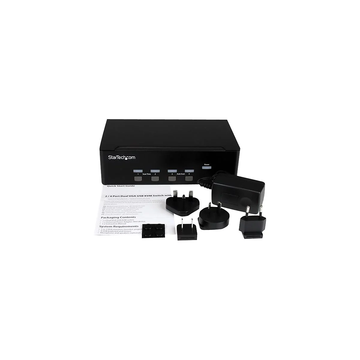 Ein schwarzer KVM-Switch mit mehreren Steckern und einem Netzteil, Text: StarTech.com, Quick Start Guide.