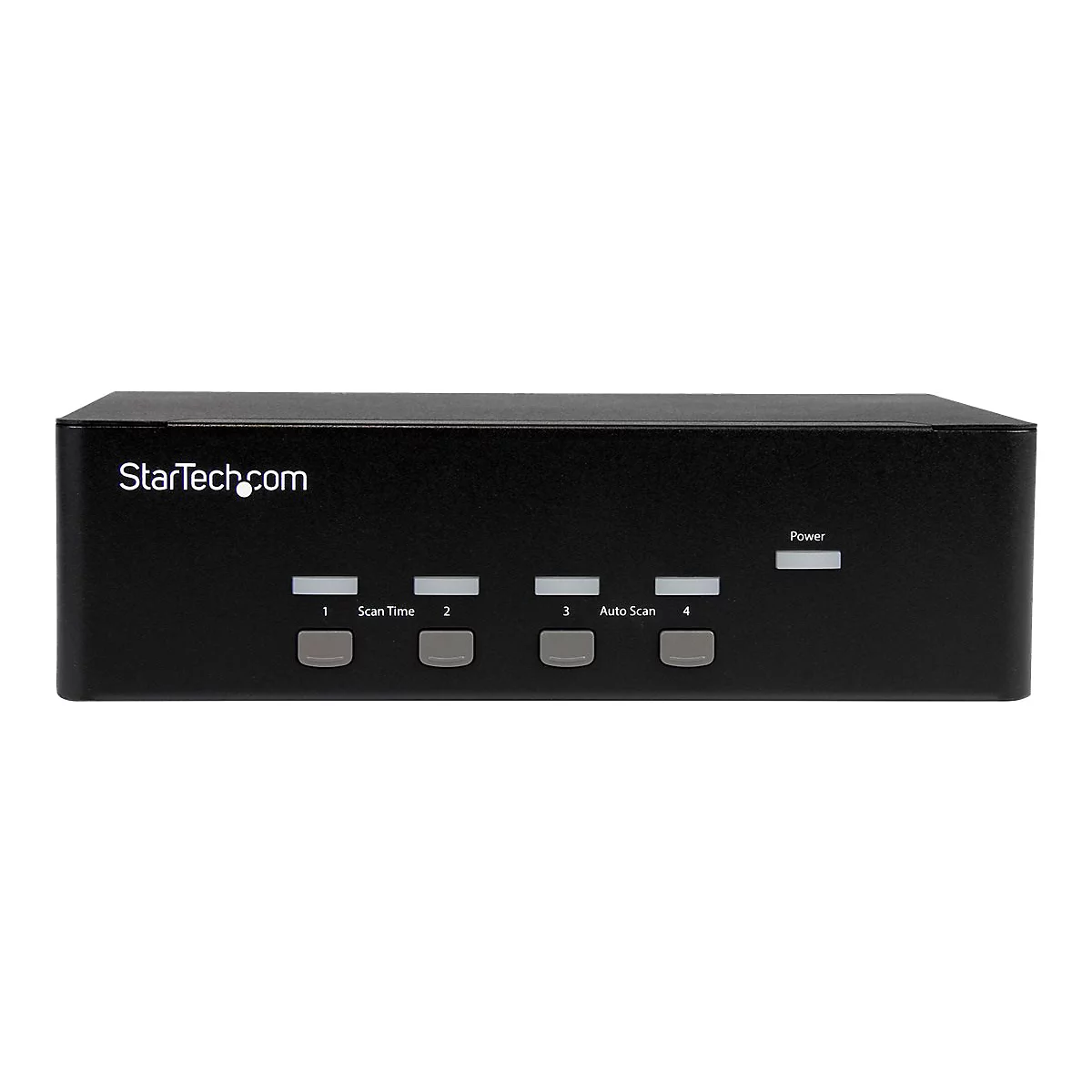 Schwarzer KVM-Switch mit Aufschriften für Funktionen und StarTech.com-Logo. Rechts Power-LED.
