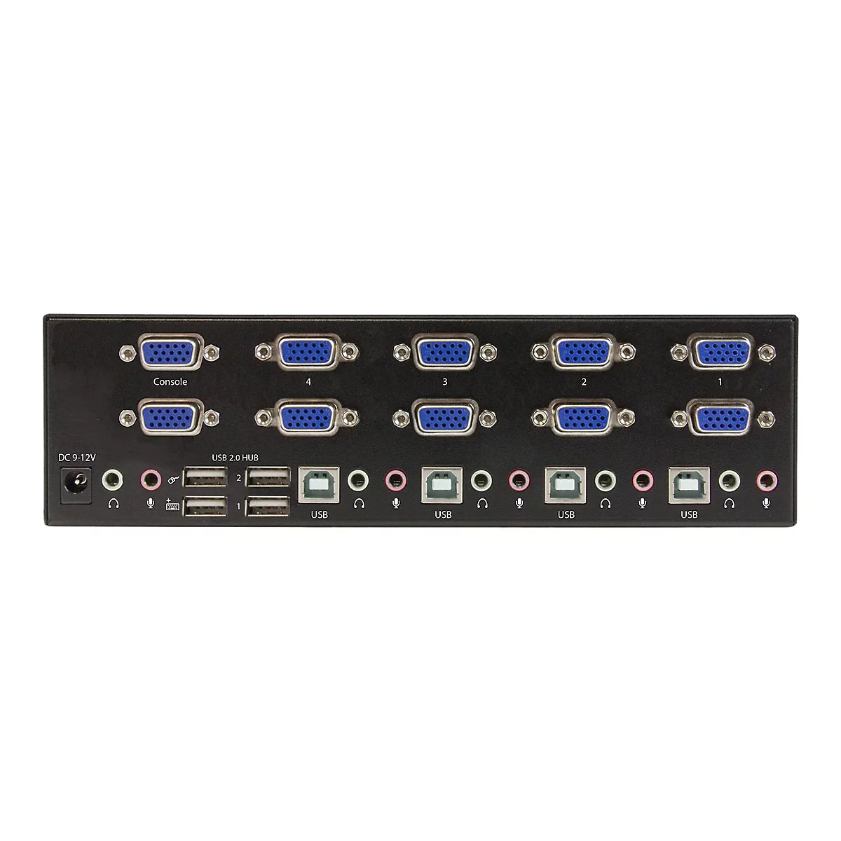 Schwarzer Umschalter mit VGA- und USB-Anschlüssen. Beschriftungen: Console, 4, 3, 2, 1, USB 2.0 HUB, DC 9-12V.
