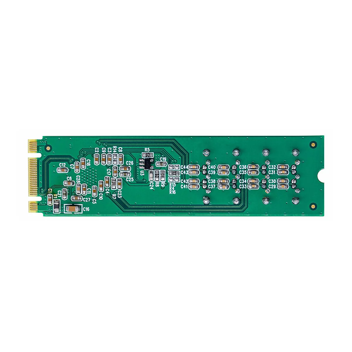 Circuit imprimé vert avec des composants électroniques. Inscription avec C et des chiffres. Connecteur doré à gauche.