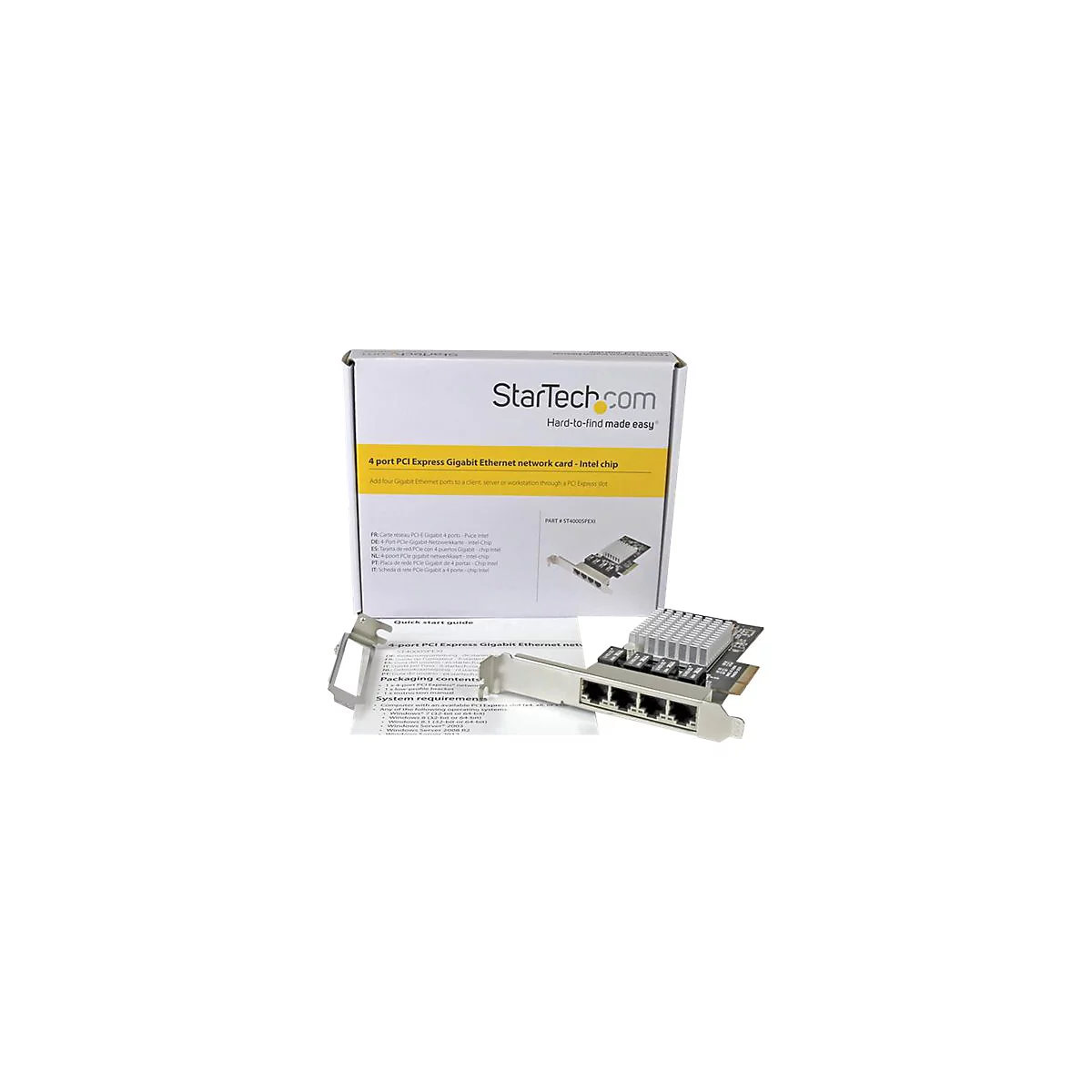 Ein Netzwerkadapter mit StarTech.com-Logo, 4 Ethernet-Ports, mit Verpackung und ZubehÃ¶r.