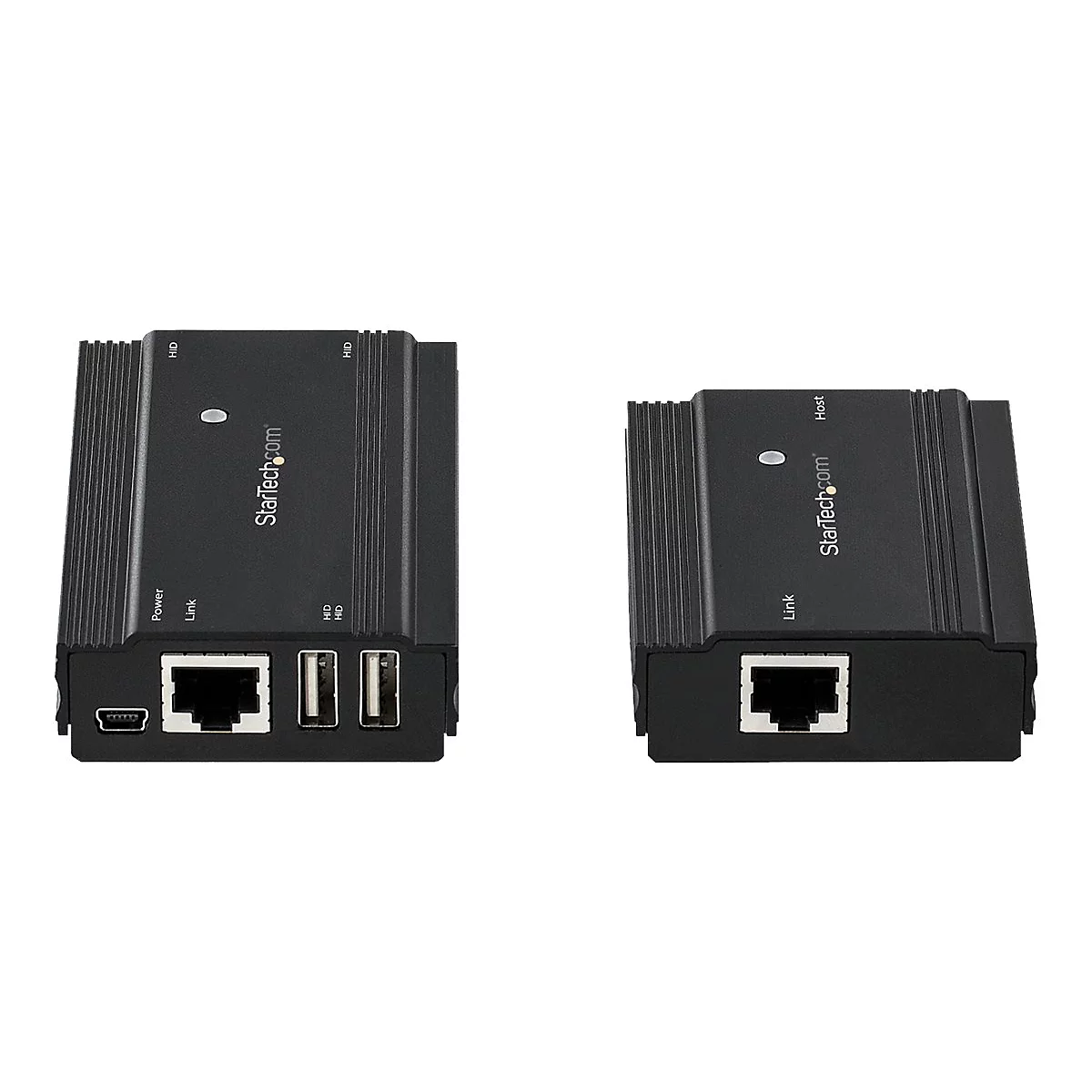 Zwei schwarze StarTech.com Konverter nebeneinander, mit Anschlüssen wie USB und Ethernet. Beschriftungen: Power, Link, HID, Host.