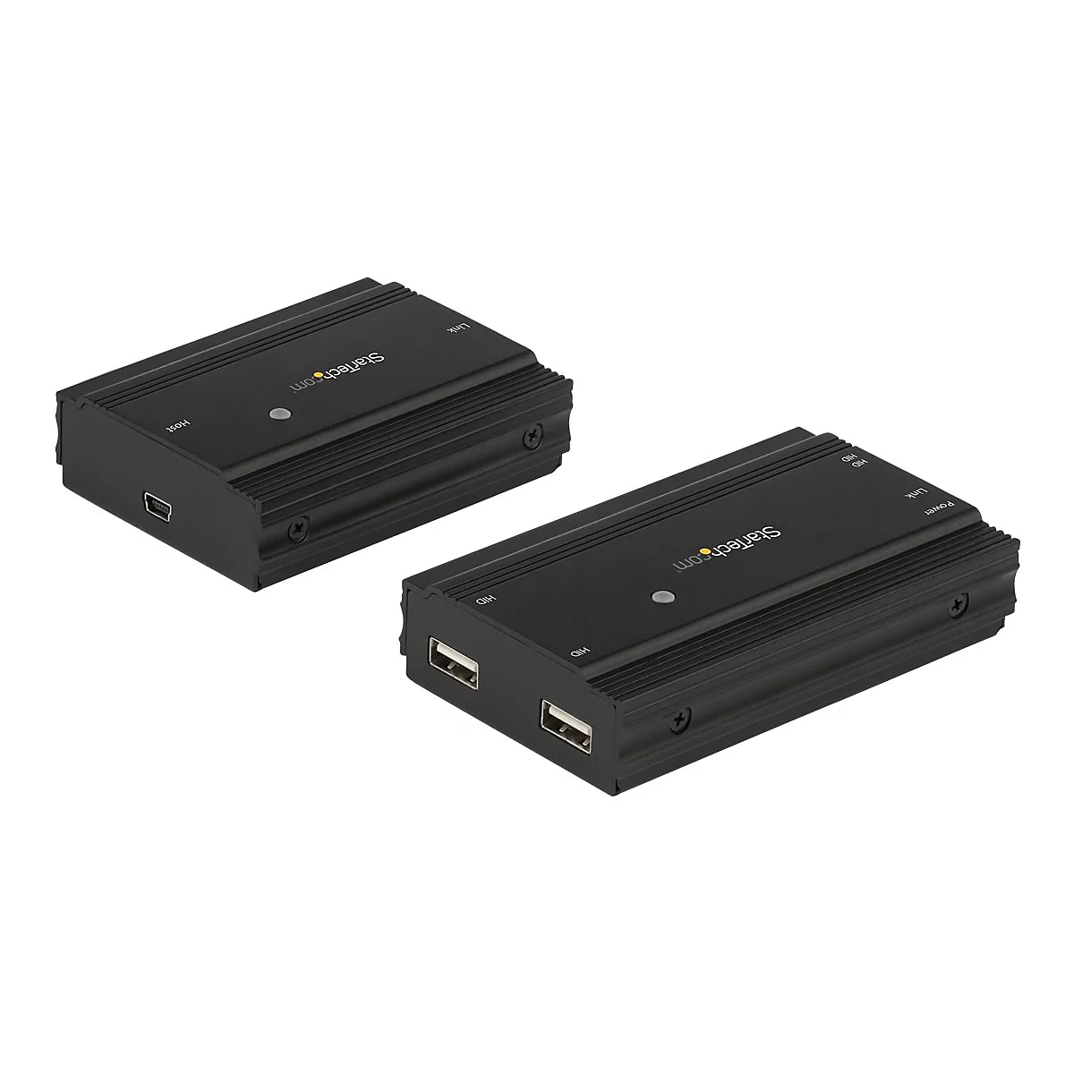 Zwei schwarze StarTech.com-Boxen mit Anschlüssen, Beschriftungen und einem Logo.
