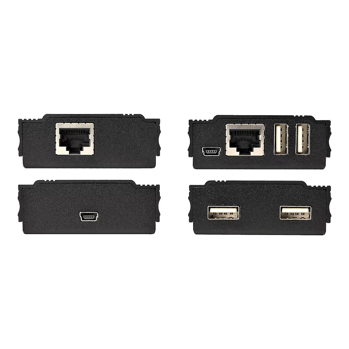 Mehrere schwarze Netzwerkadapter mit unterschiedlichen Anschlüssen. Die Adapter sind auf weißem Hintergrund abgebildet.