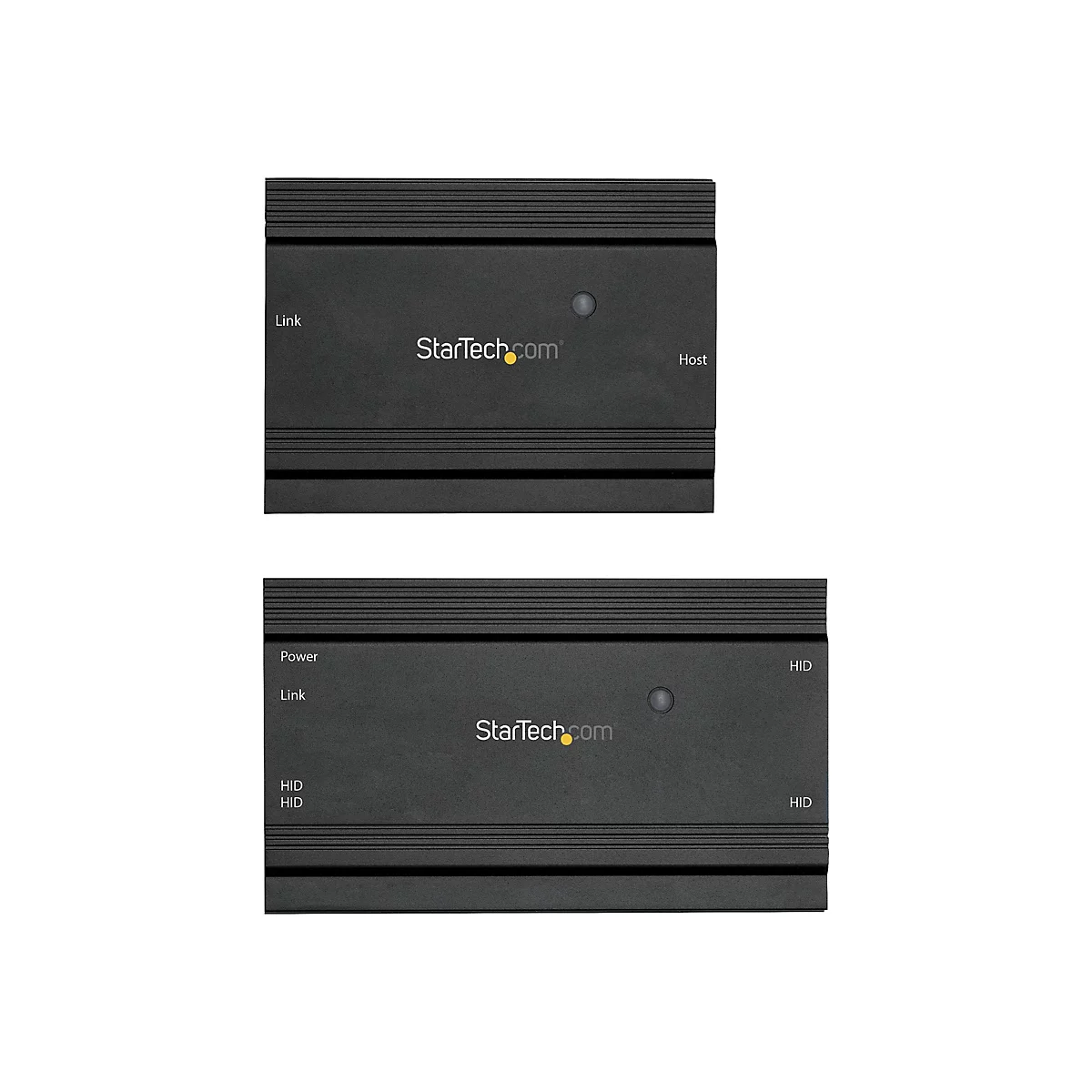 Zwei schwarze Geräte mit StarTech.com Logo, Anschlüssen und LED-Anzeigen. Eins hat "Host" und "Link", das andere "Power", "Link" und "HID".