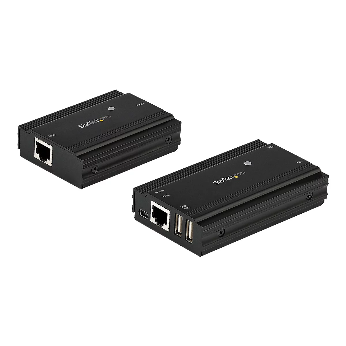Zwei schwarze StarTech.com-Netzwerkadapter auf weißem Hintergrund. Einer hat einen RJ45-Port, der andere zwei USB-Ports.