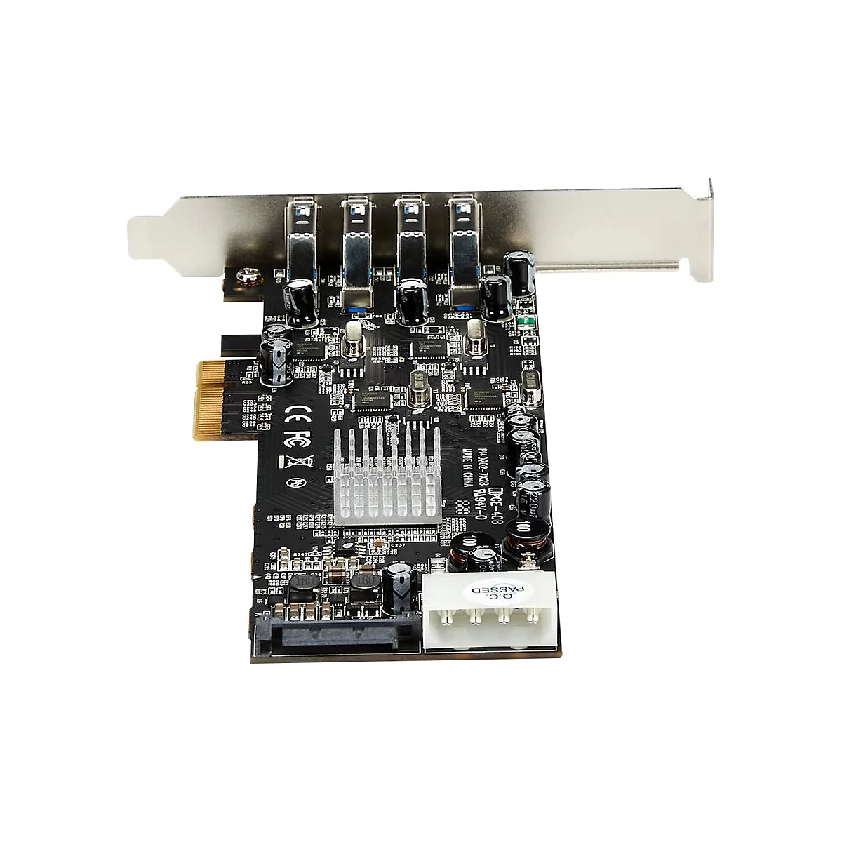 Eine schwarze PCI-Karte mit silberfarbenem Halter, Stecker und Chips. Auf der Karte steht 'PCE-408'.