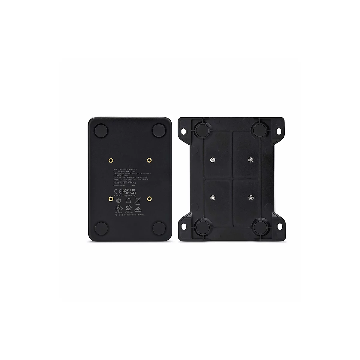 Zwei schwarze USB-C-Ladegeräte. Auf dem einen sind technische Details aufgedruckt, das andere zeigt die Unterseite.