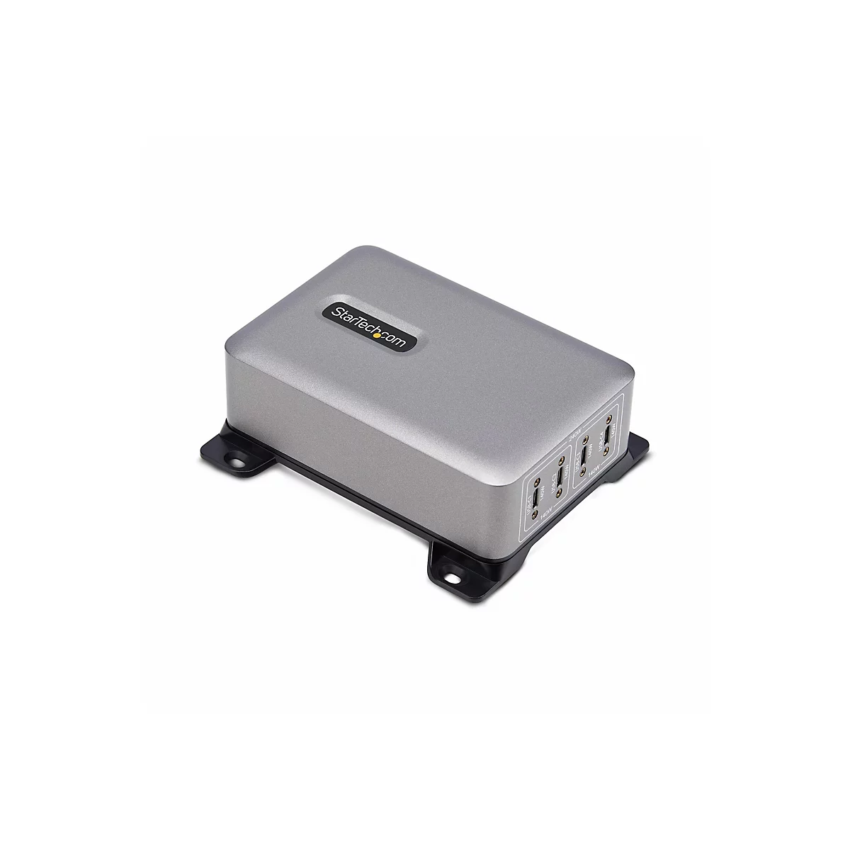 Grauer, rechteckiger USB-C-Hub mit mehreren Anschlüssen. Oben steht StarTech.com. An der Seite sind USB-C-Anschlüsse und Leistungsangaben.