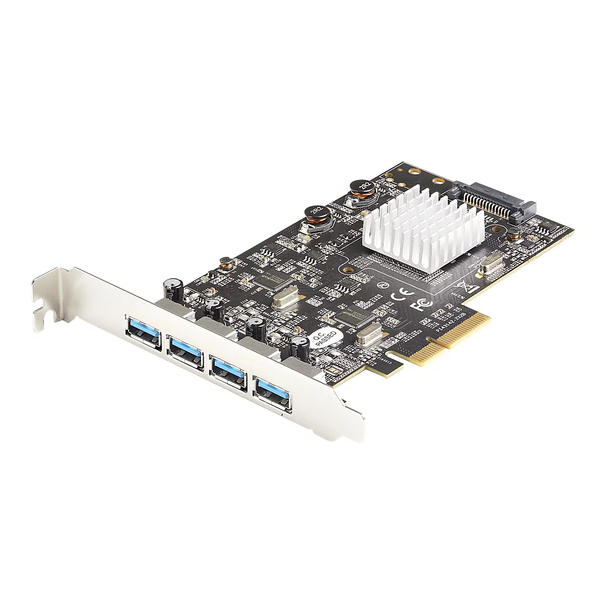Grafikkarte mit vier USB-3.0-AnschlÃ¼ssen, AluminiumkÃ¼hlkÃ¶rper auf dem Chip. Schwarze Platine, silberne AnschlÃ¼sse.
