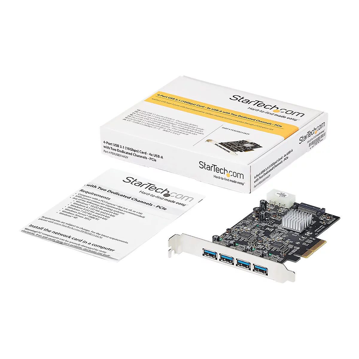 USB 3.1-Controller-Karte, Box und Anleitung auf weiÃŸem Grund.