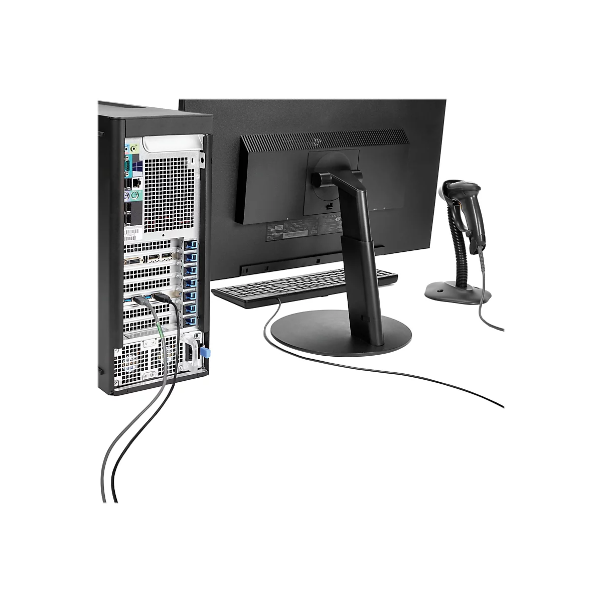 RÃ¼ckseite eines PCs mit Monitor, Tastatur und Barcode-Scanner. Schwarze Kabel sind angeschlossen.