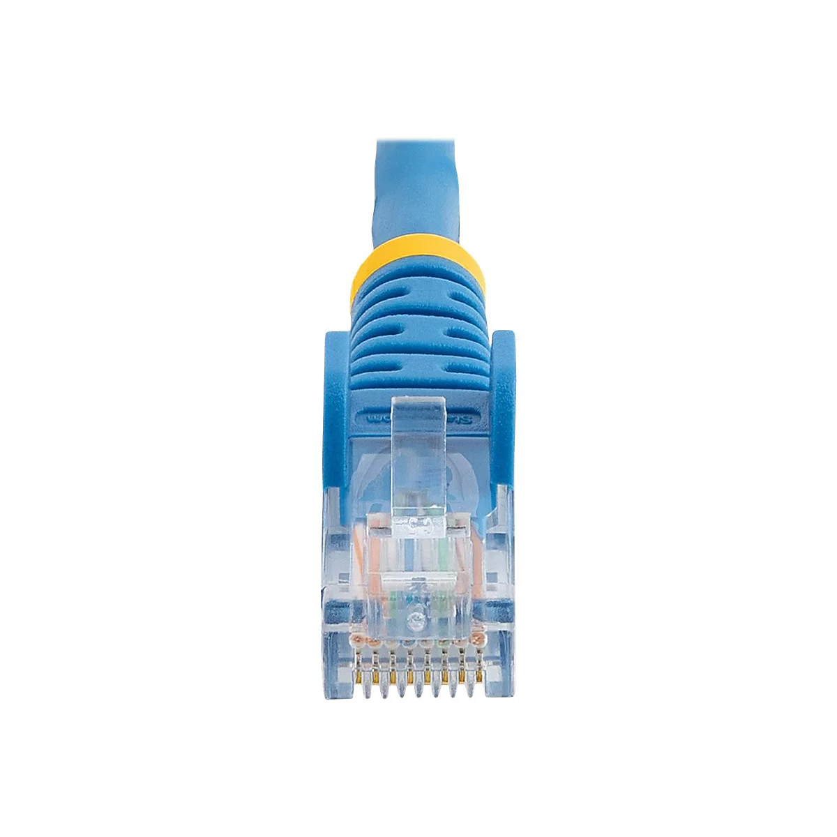 Gros plan d'un connecteur RJ45 bleu avec un boîtier transparent et des accents jaunes.