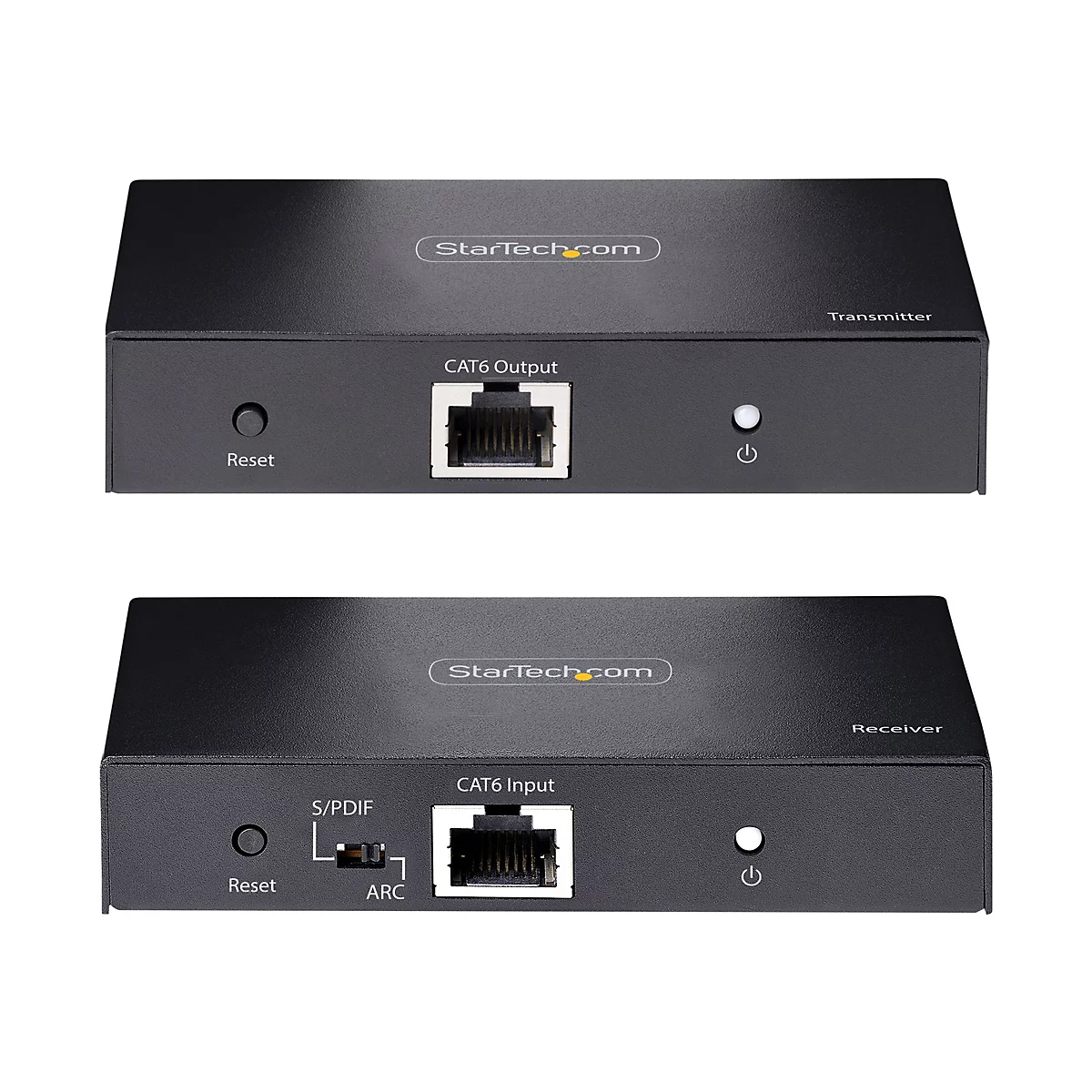 Zwei schwarze, rechteckige Geräte: Transmitter und Receiver. Beide haben einen Reset-Knopf, eine CAT6-Buchse und StarTech.com Logo.