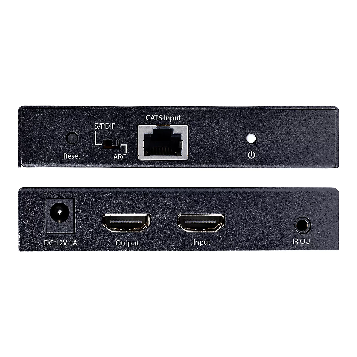 Ein schwarzer AV-Konverter mit verschiedenen Anschlüssen und Beschriftungen: CAT6 Input, S/PDIF, ARC, Reset, DC 12V 1A, Output, Input, IR OUT.