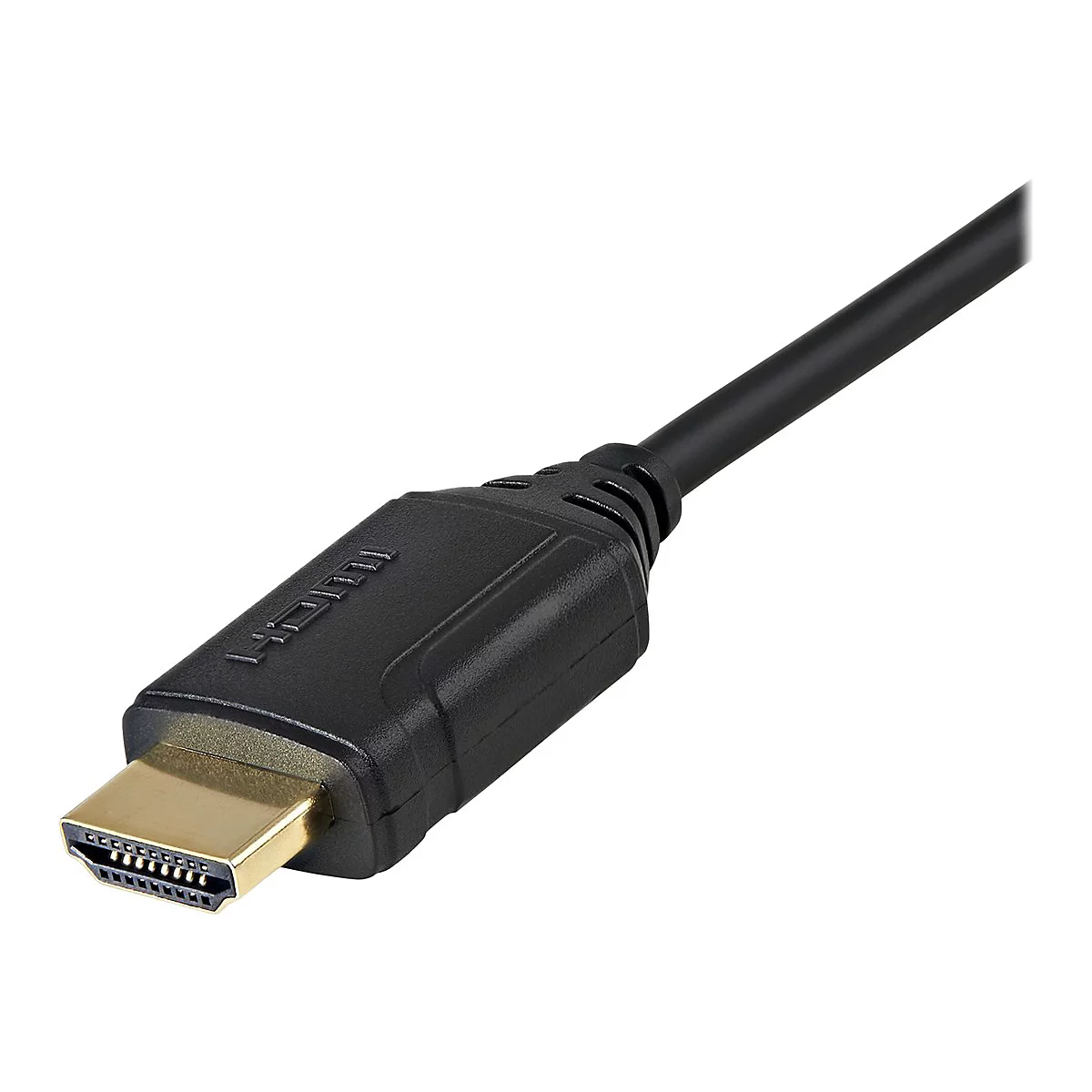 Nahaufnahme eines schwarzen HDMI-Kabels mit goldenem Anschluss. Der Schriftzug "HDMI" ist auf dem Stecker zu sehen.