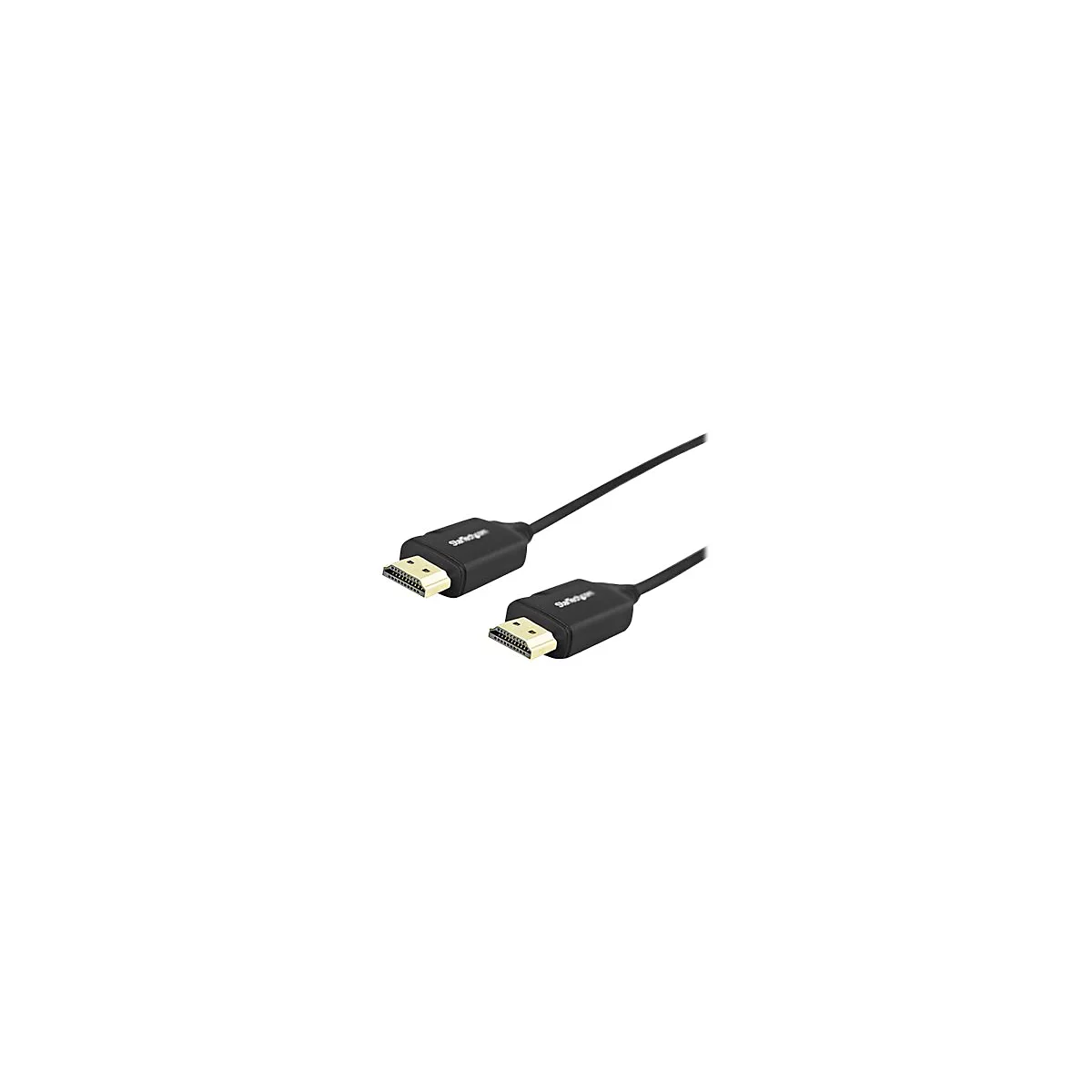 Schwarzes HDMI-Kabel mit goldenen Steckern. Das Kabel hat das StarTech.com Logo.