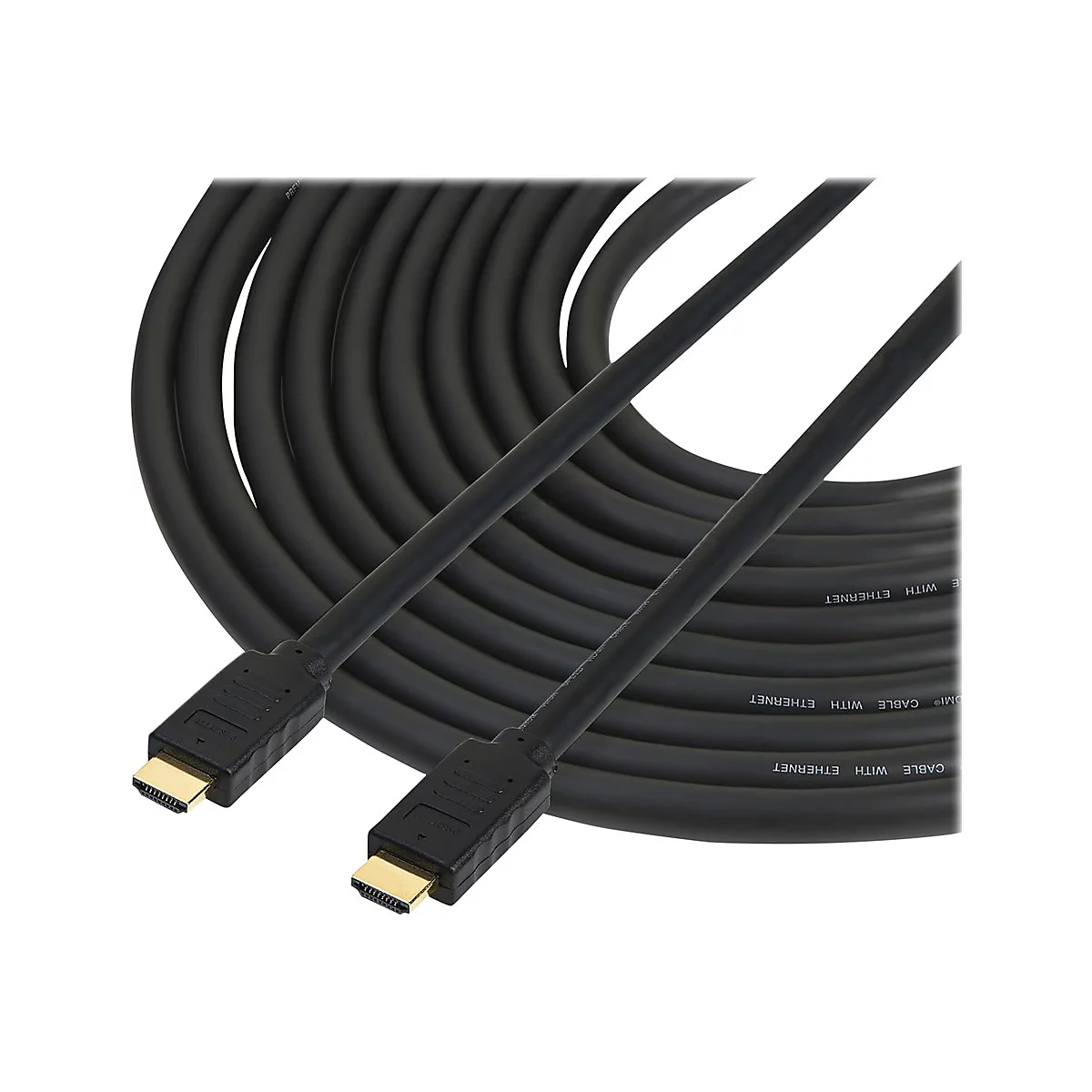 Zwei schwarze HDMI-Kabel mit vergoldeten Anschlüssen. Auf den Kabeln steht "CABLE WITH ETHERNET".