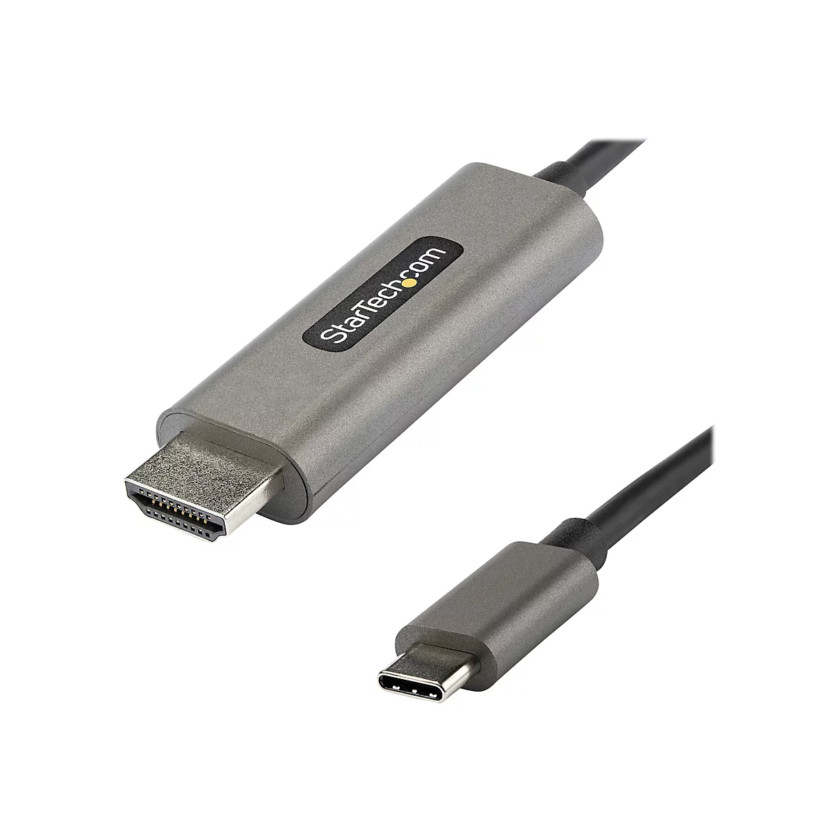 Ein HDMI-auf-USB-C-Adapterkabel von StarTech.com. Die grauen Stecker zeigen einen HDMI-Anschluss und einen USB-C-Anschluss.