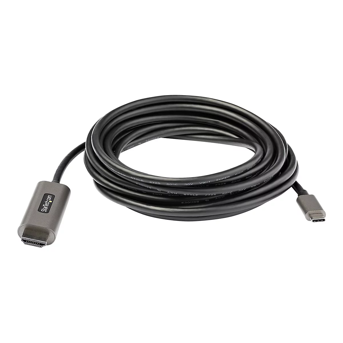 Ein schwarzes HDMI-Kabel, das zu einer Rolle gewickelt ist, mit einem USB-C-Anschluss an einem Ende und einem HDMI-Anschluss am anderen.