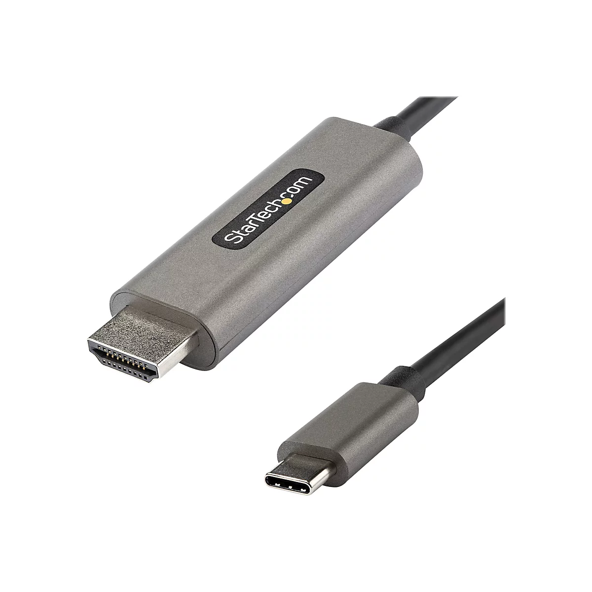 Ein graues HDMI-auf-USB-C-Kabel, StarTech.com Logo auf dem Stecker.