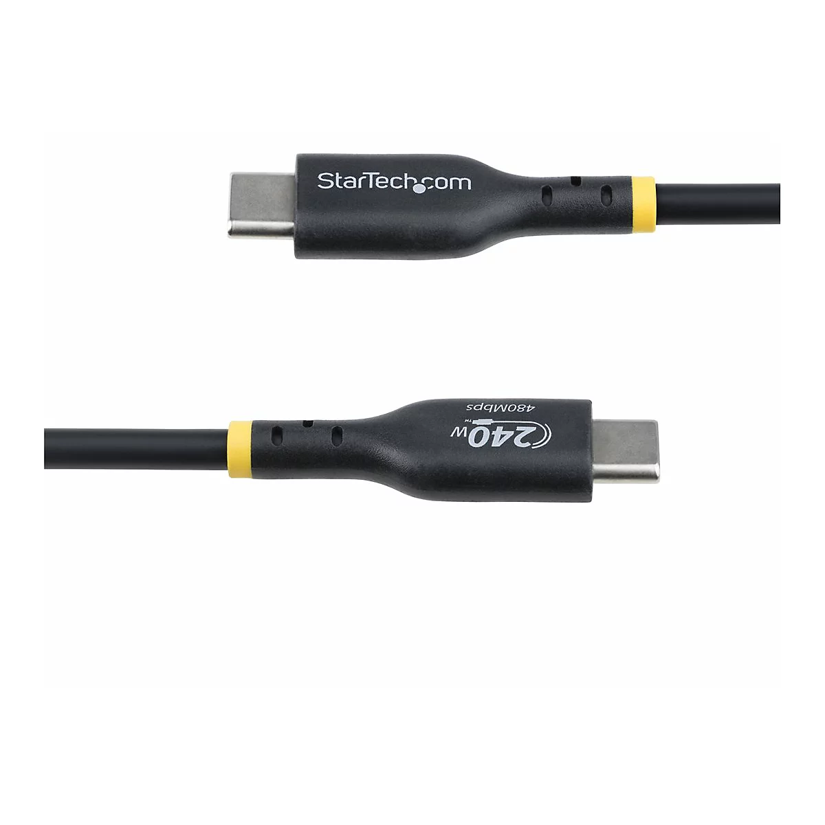 Zwei schwarze USB-C-Kabel; Beschriftung mit StarTech.com und 240W, gelber Ring am Kabelanschluss.