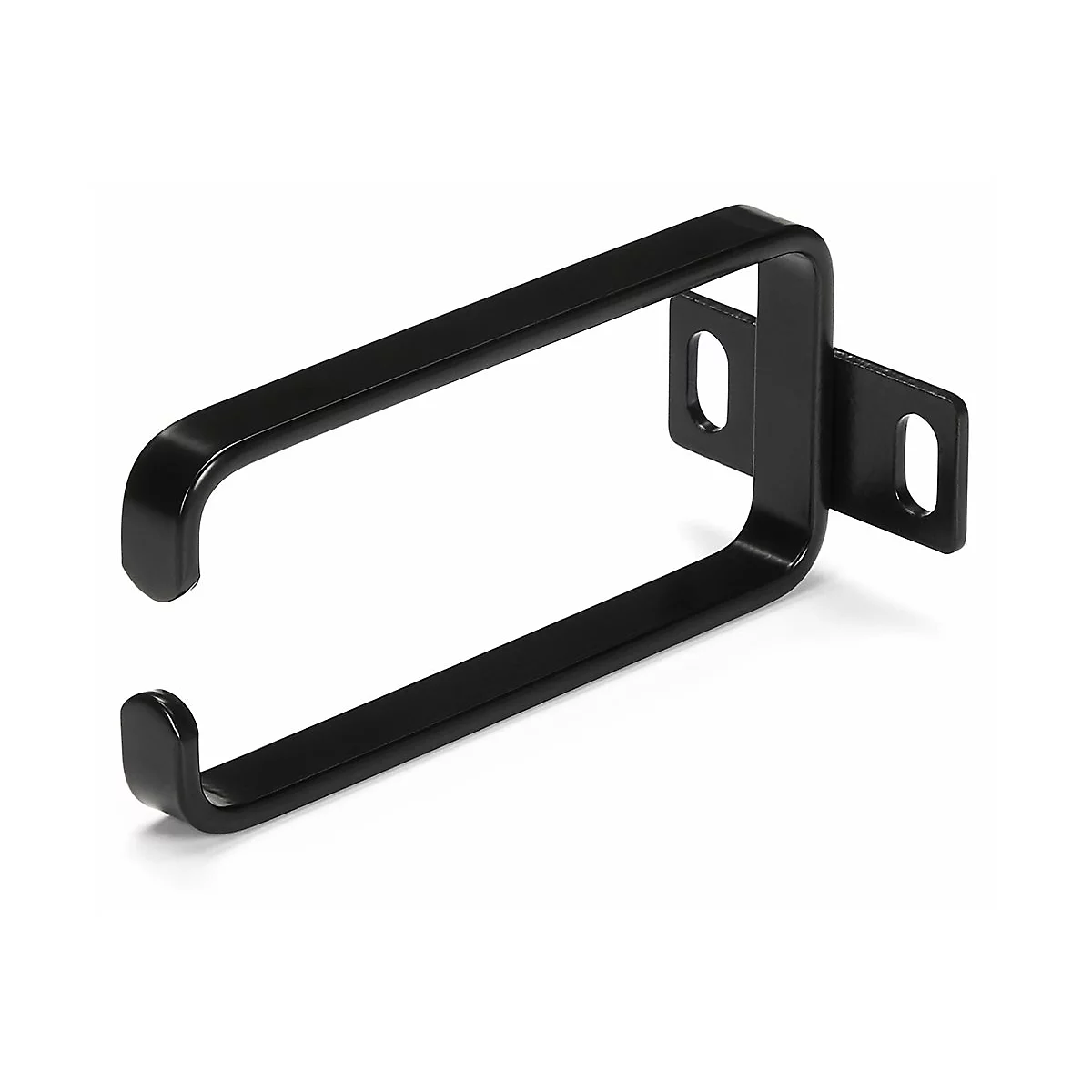 Crochet mural en métal noir avec support rectangulaire et œillet rond.