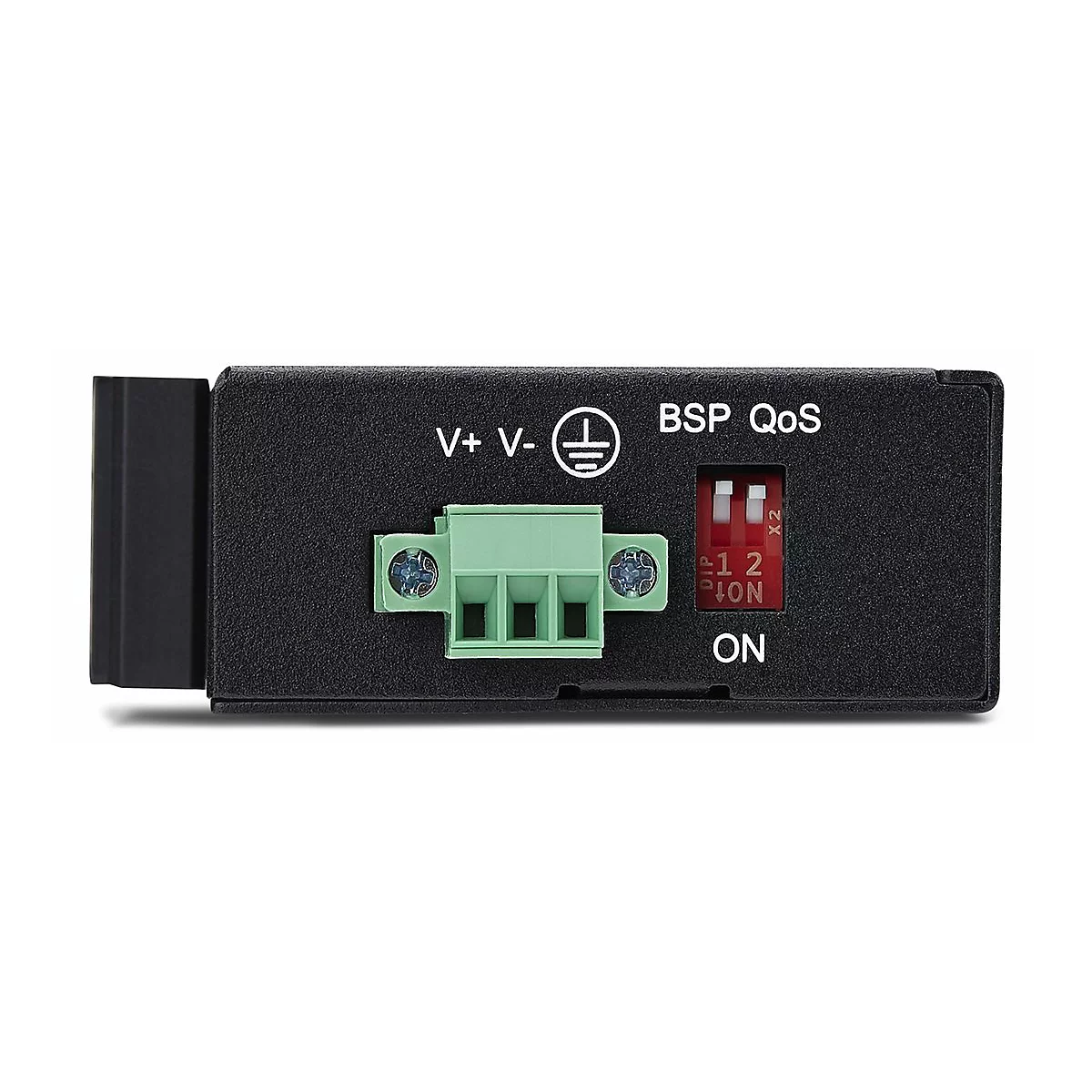 Schwarzes elektronisches Gerät mit grünen Anschlüssen und rotem Schalter. Beschriftung: V+, V-, BSP QoS, ON.