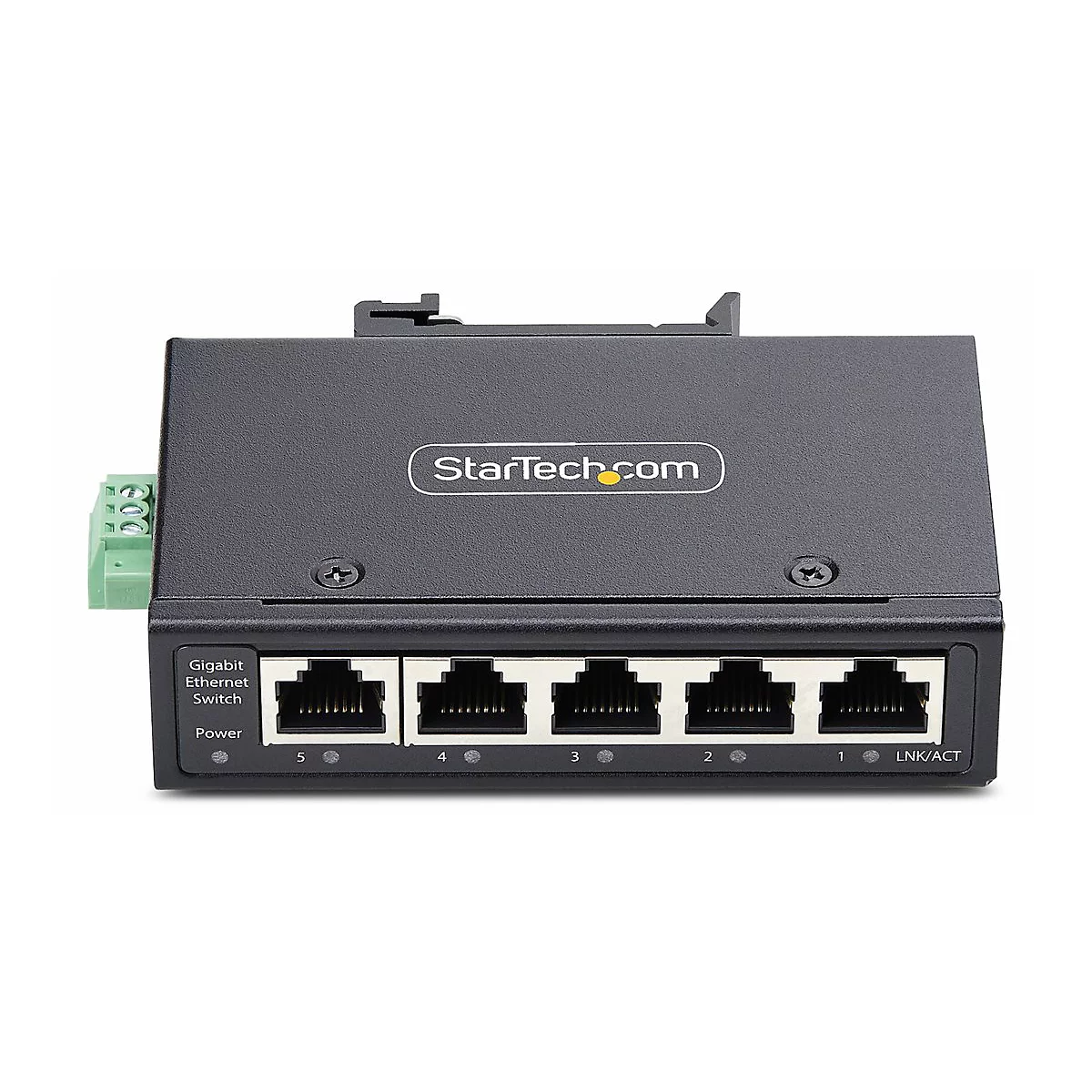 Schwarzer Gigabit Ethernet Switch mit fünf Anschlüssen, StarTech.com Logo.