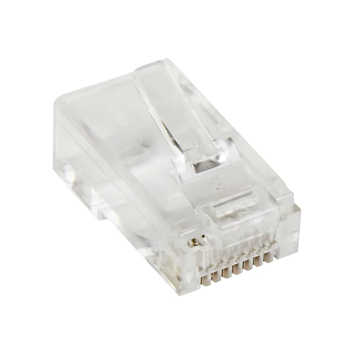 Gros plan d'un connecteur RJ45 transparent pour câbles réseau. Les petites broches métalliques sont clairement visibles.