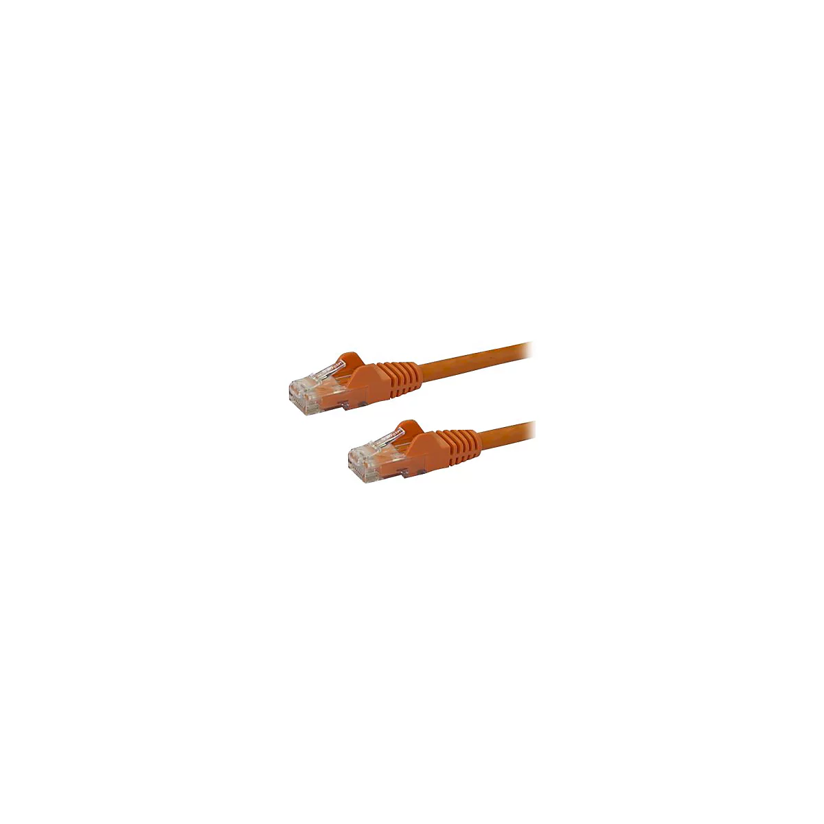 Zwei orangefarbene Ethernet-Kabel auf weißem Hintergrund. Die Stecker sind transparent, die Kabel selbst orange.