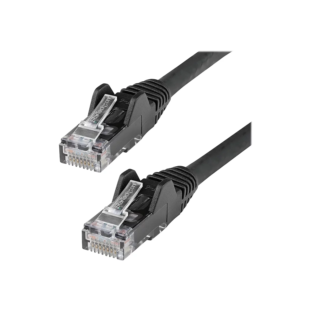 Zwei schwarze Netzwerkkabel-Stecker mit klarer Kunststoffabdeckung, die mit StarTech.com beschriftet sind.