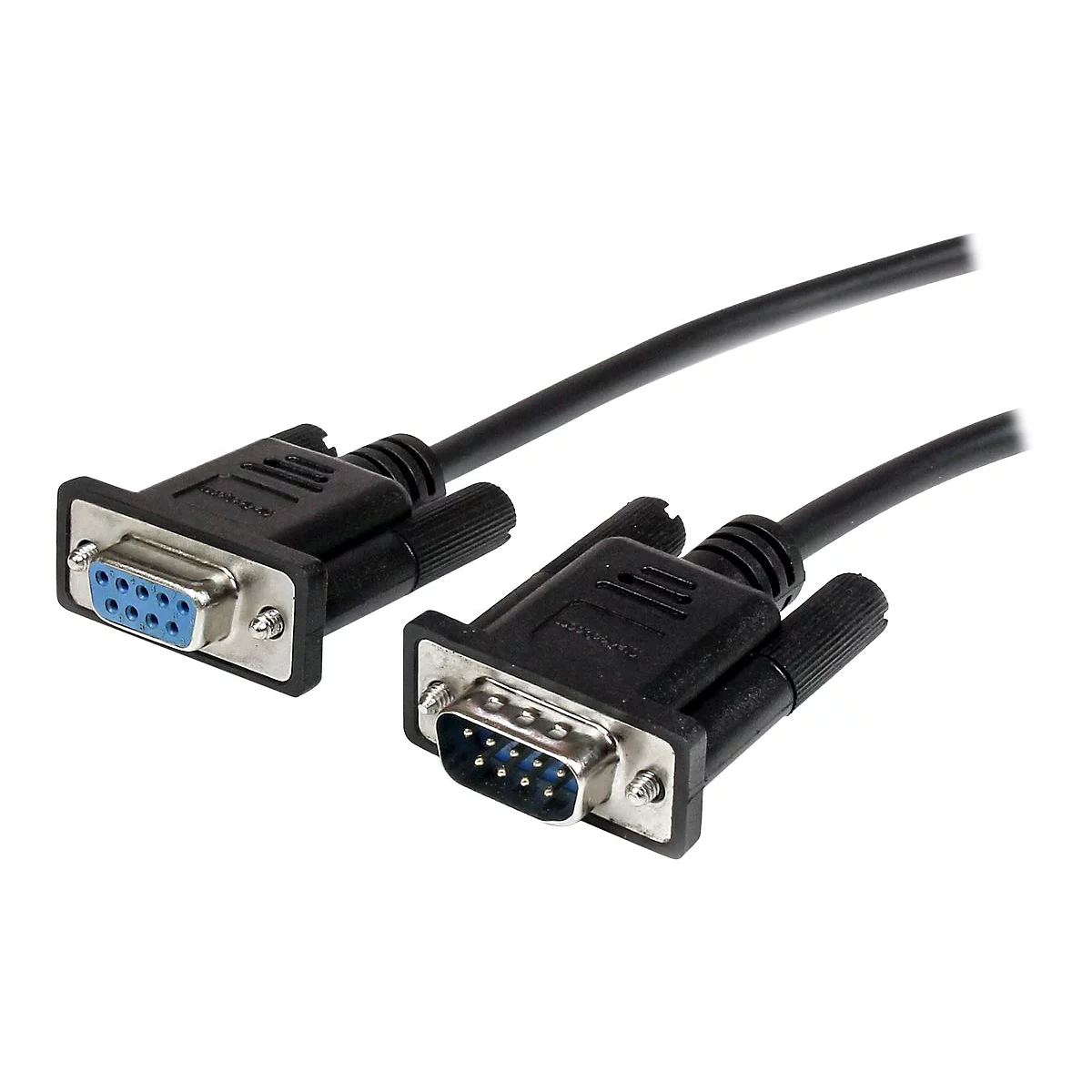 Zwei schwarze VGA-Kabel mit blauen Steckern, vor weißem Hintergrund.