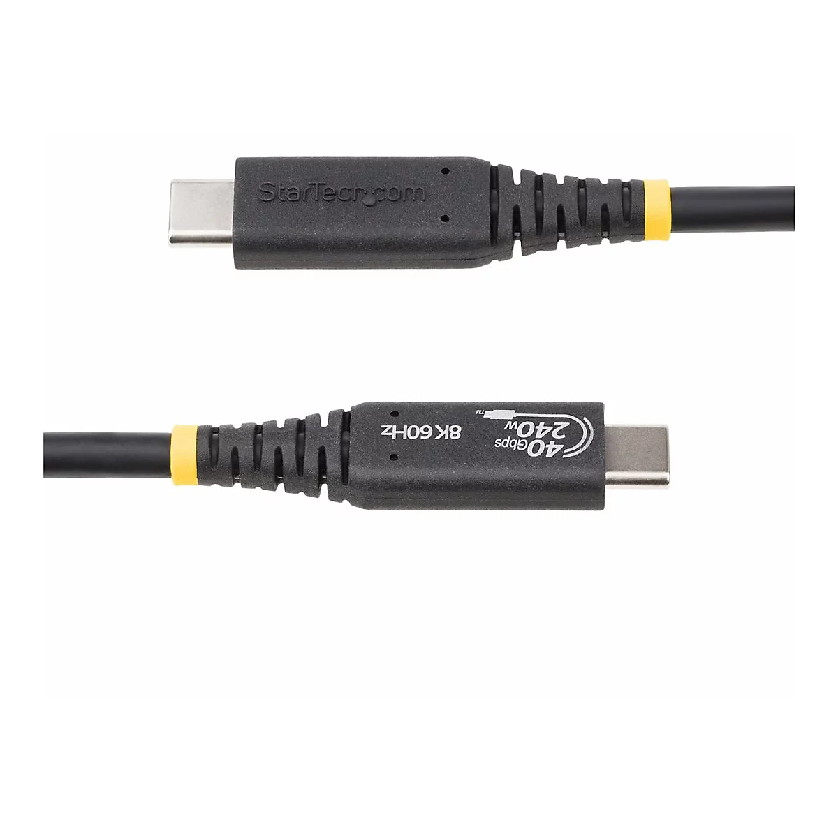 Zwei schwarze USB-C-Kabel; Beschriftung mit Startech.com, 40Gbps, 240W und 8K 60Hz. Gelbe Ringe.