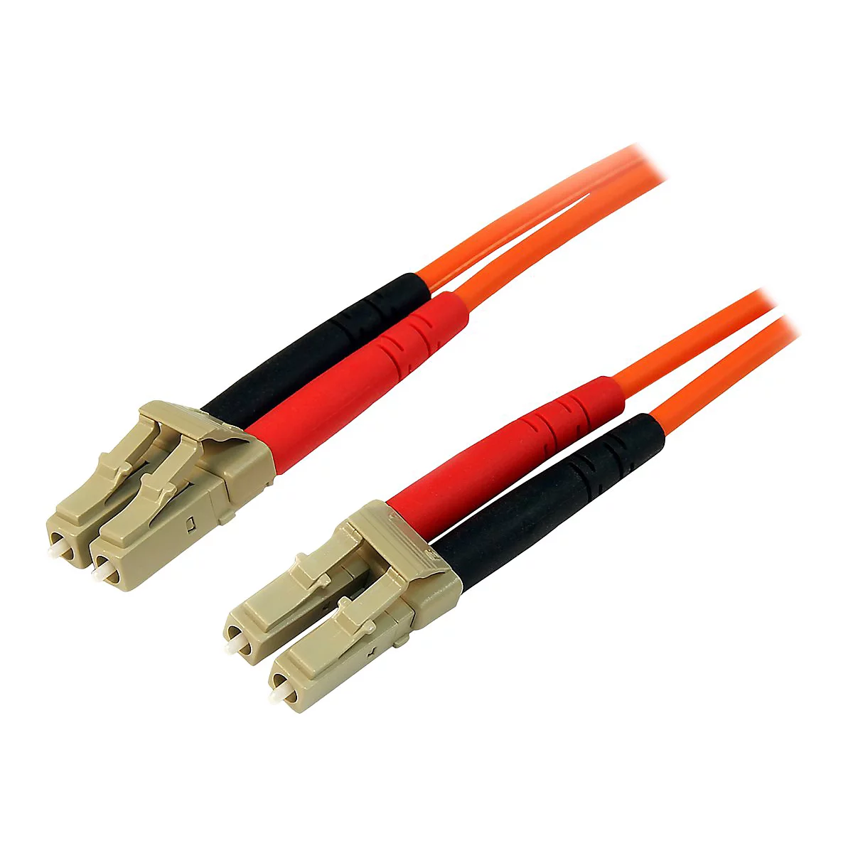 Zwei optische LC-Duplex-Kabel. Beige Stecker mit roten und schwarzen Kabeln, die in orangefarbenen Kabeln enden.