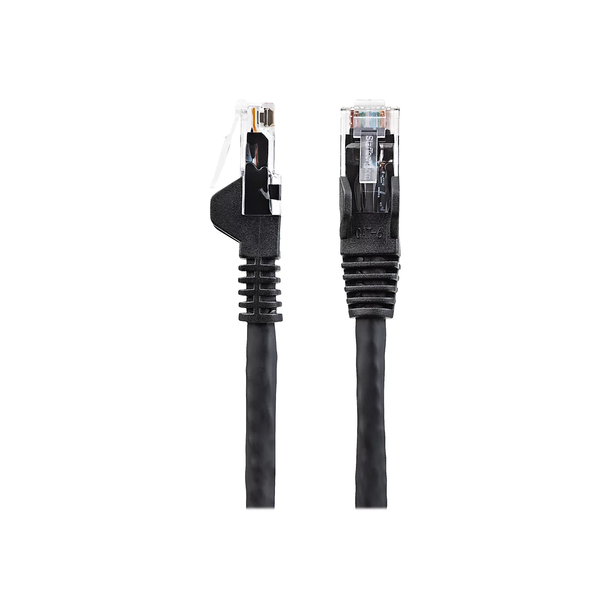 Zwei schwarze Netzwerkkabel mit RJ45-Steckern auf weißem Hintergrund. Stecker mit Beschriftung: CAT-6 und Startech.com.