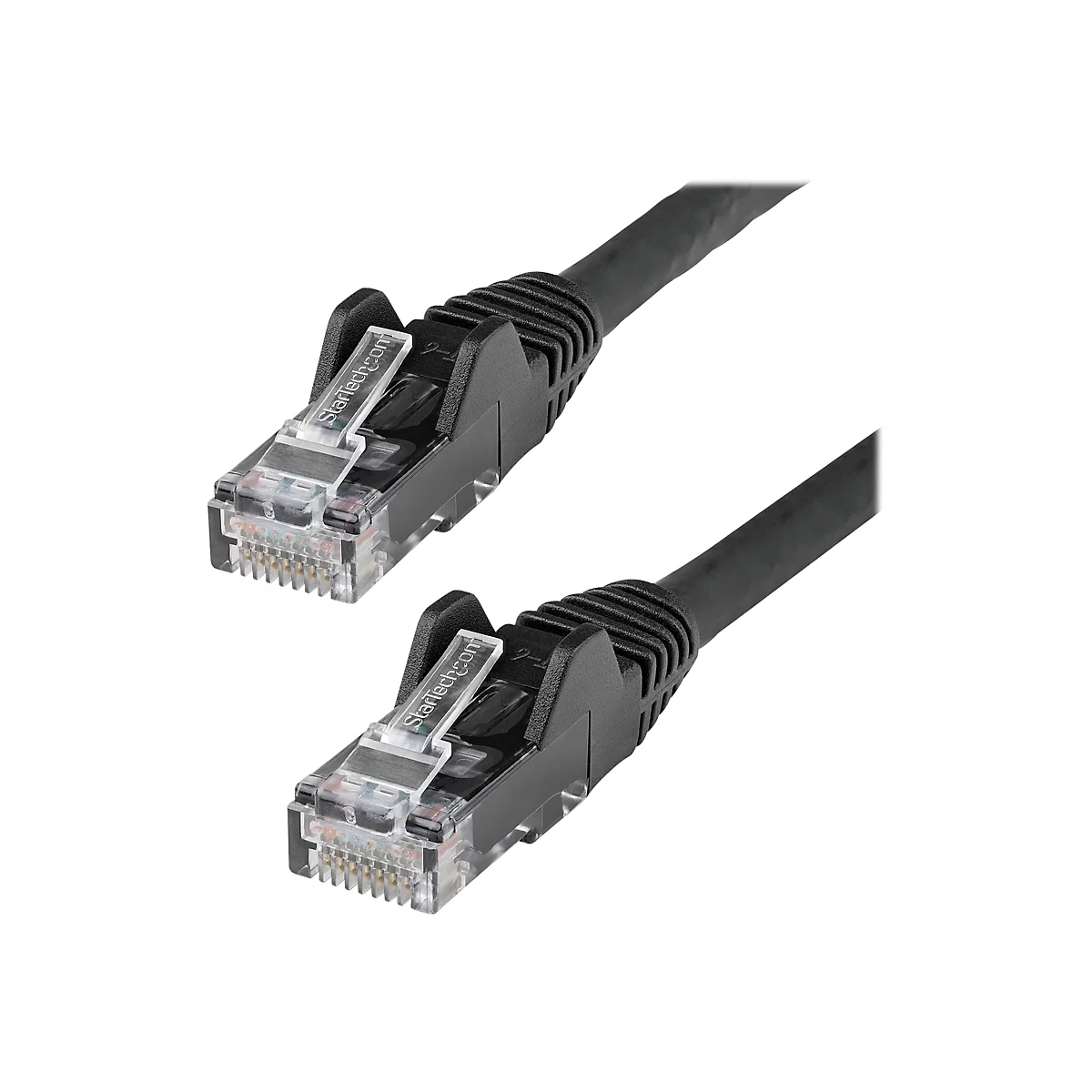Zwei schwarze Netzwerkkabel mit Steckern von StarTech.com vor weißem Hintergrund.