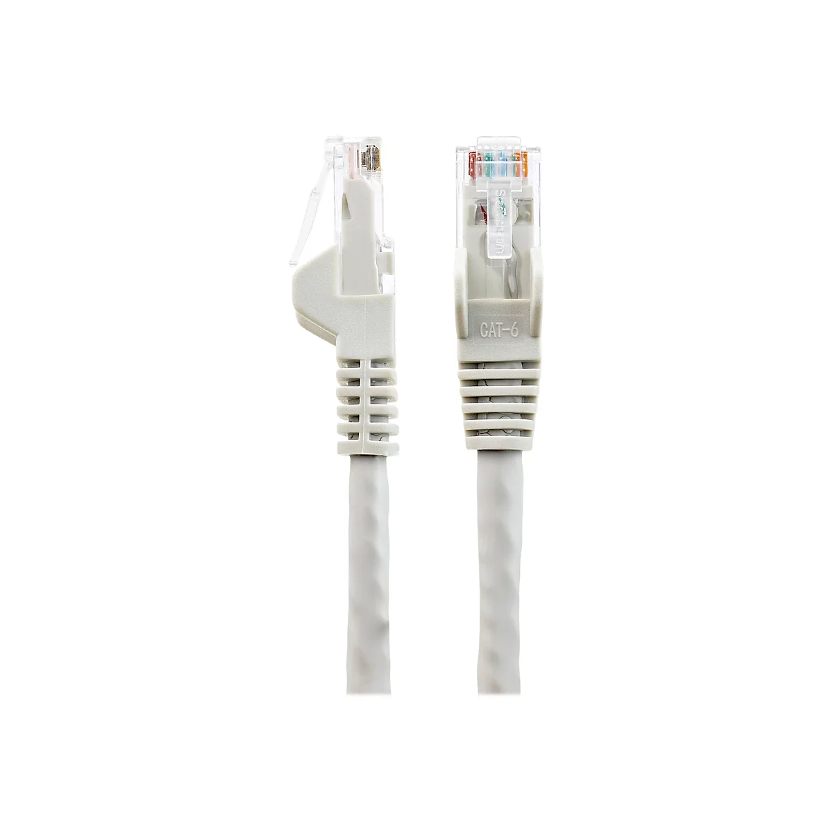 Zwei graue CAT-6-Ethernetkabel mit transparenten Steckern. Auf einem Stecker steht "CAT-6".